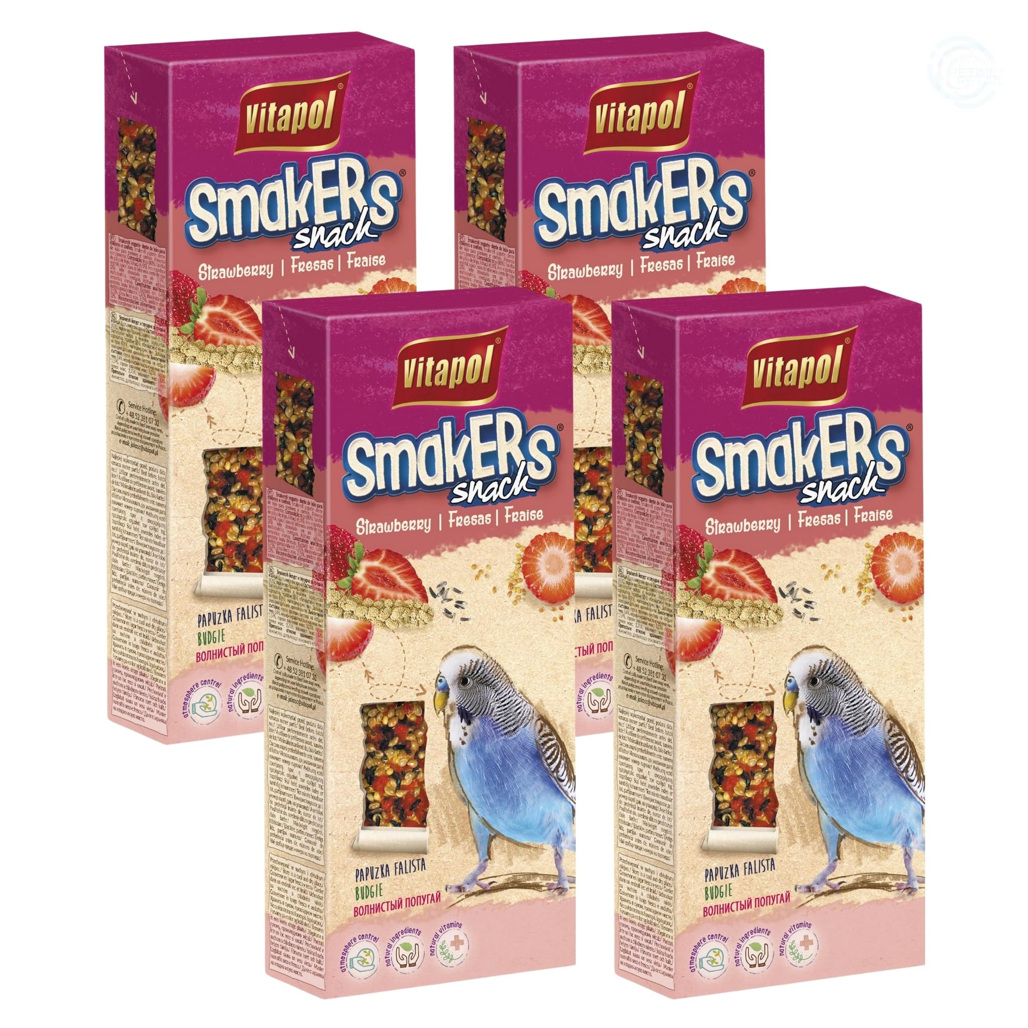 Vitapol Smakers® Parrot Treat Sticks – Variety of Snacks for Budgies, Cockatiels & Large Parrots | Natural Fruit, Egg, Honey, Seed | Vitamin-Rich Snacks, Health & Plumage Support (Strawberry, 180g)