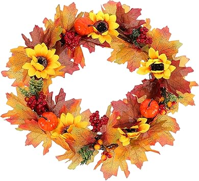 PRETYZOOM 1pc Pumpkin Decorative Wreath Maple Wreath Farmhouse Wreath Halloween Home Decor Beautiful Fall Fake Maple Leaf Wreath Faux Plant Decor Artificial Rattan Circle Wall Hanging