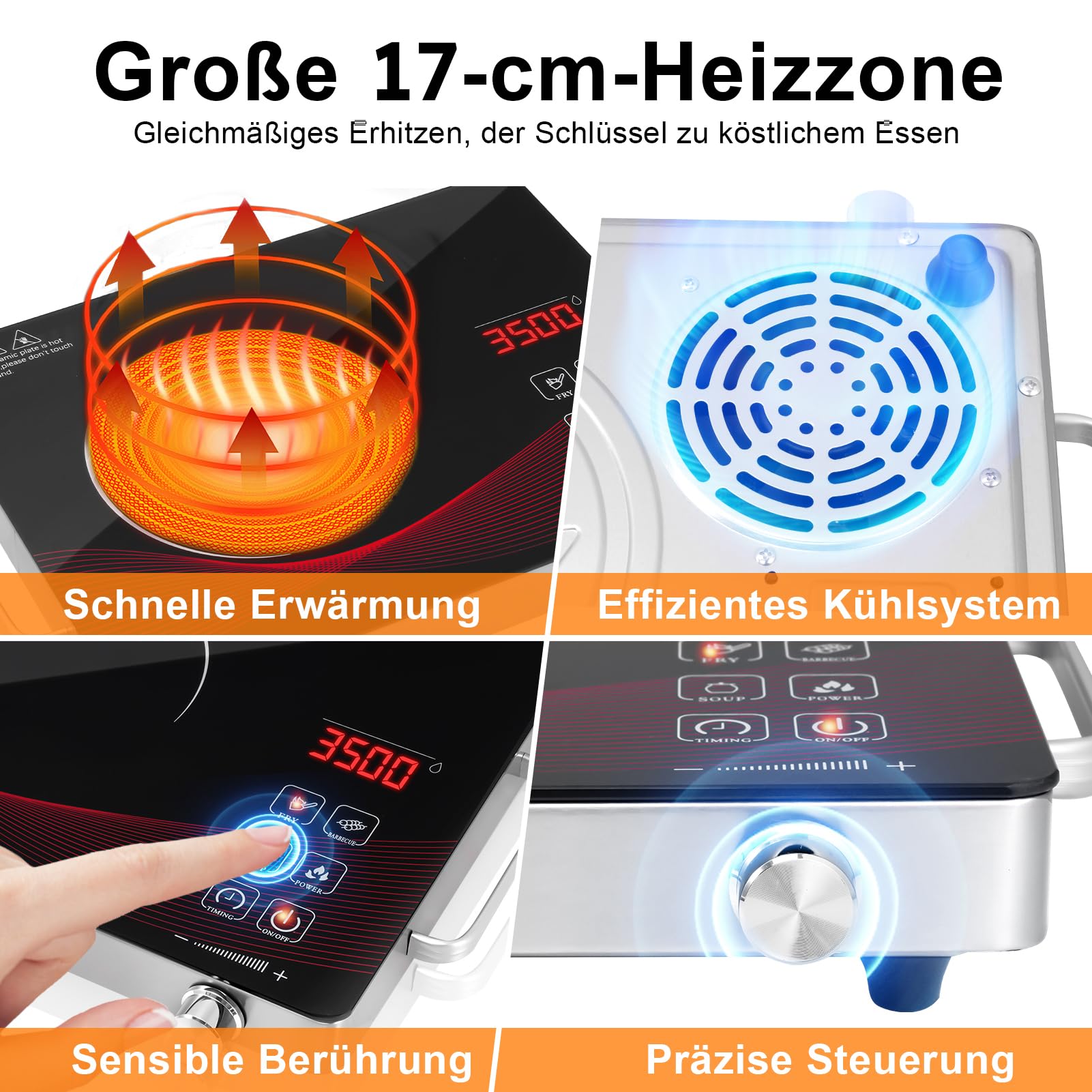 Viugreum Placa Vitrocerámica Portátil 3500W, Placas Cocina Vitroceramica con Enchufe y Solo Fogón, Temporizador, Panel Control Tactil, Mando Giratorio, 295x410x60mm, Compatible con Todas las Sartenes