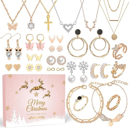 Calendario de Adviento para mujer, cuenta regresiva de Navidad, juego de joyas de moda de oro rosa 2024 para mujeres adultas y adolescentes, regalo