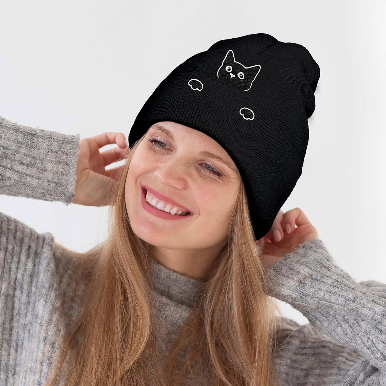 Embroidery Cat Beanie Hat,Cute Cat Animal Lovers Gifts,Winter Warm Knit Cuffed Cap for Women Girls - Image 2