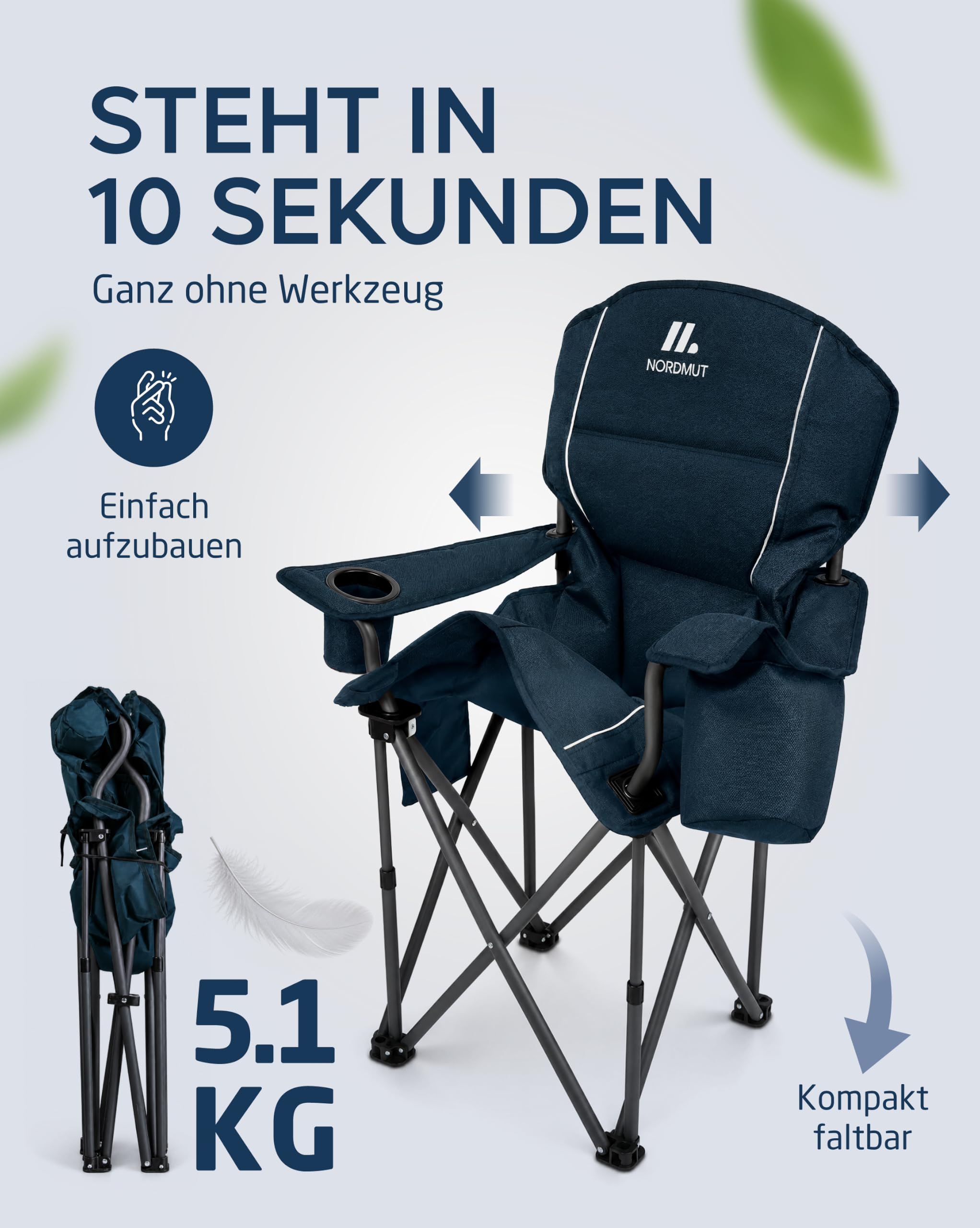 NORDMUT® Campingstuhl faltbar leicht – Stabiler Klappstuhl Camping 200 kg Belastung – bequemer Angelstuhl inkl. praktischer Kühltasche & Getränkehalter