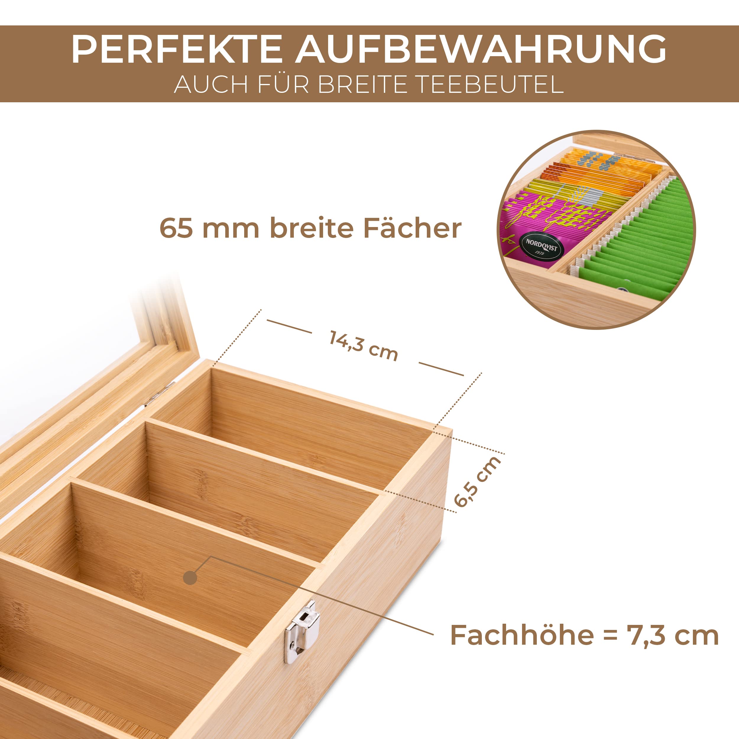 Valuna Boîte à thé en bambou H x l x P : env. 11 x 36 x 16 cm, boîte de rangement avec 5 compartiments, boîte à thé en bois pour ranger 100 sachets de thé