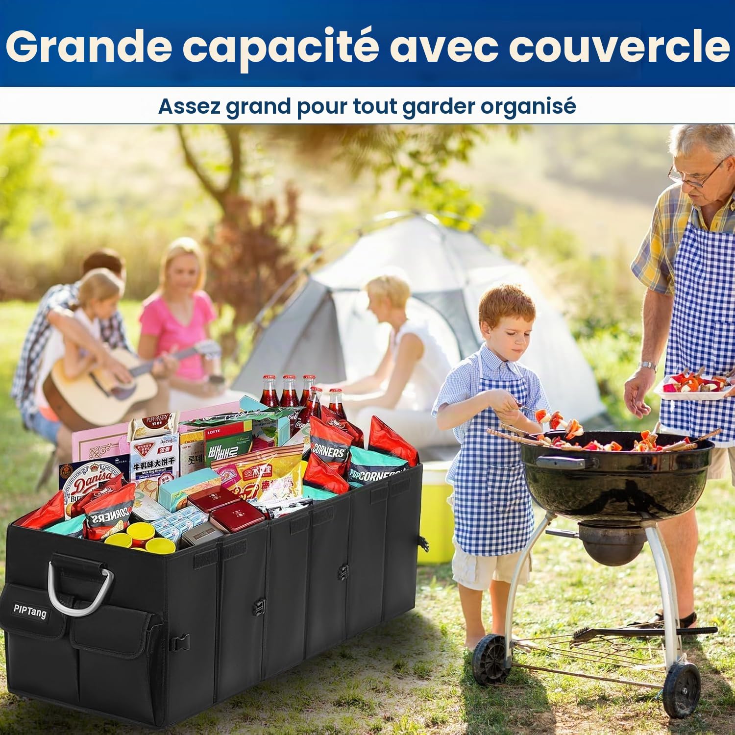 90cm XLarge 100L Pliable Gestionnaire Coffre Voiture & Couvercle, Gestionnaire Rangement, Poignée Aluminium, Bandes Réfléchissantes, Multi-compartiments, SUV Road Emergency Noir (XL 90CM 100L)
