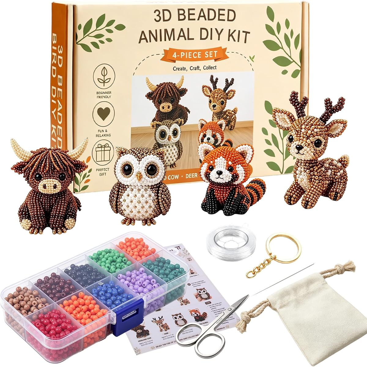 Tiny 3D Beaded Animal DIY Kit, Easy DIY Beading Embroidery Kit with 4 Cute Designs, Cute Bird & Animal Beading Craft Set, Handmade Bead Art Mosaic Kit for Adults,Beginners (Woodland Friends)
