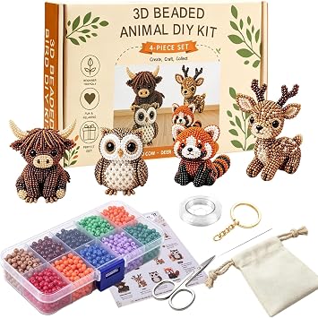 Yaduo 小さな3dビーズ動物diyキット、簡単なdiyビーズ刺繍キット、4つのかわいいデザイン、かわいい鳥と動物のビーズクラフトセット、ハンドメイドビーズアートモザイクキット 大人、初心者ウッドランドフレンズ
