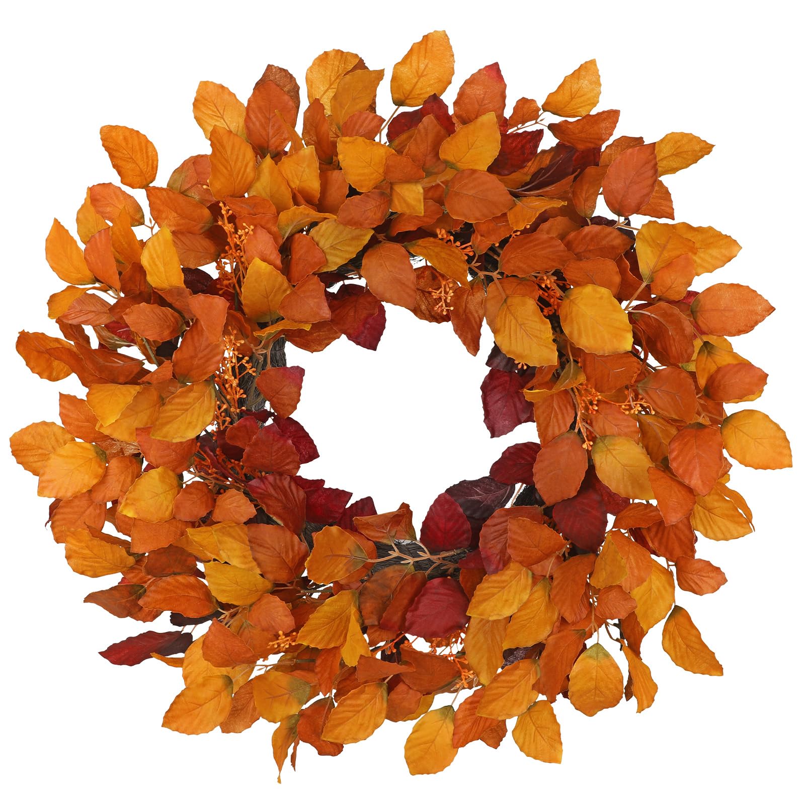 Künstlicher Herbstkranz für Tür – 61 cm Türkranz mit Herbstlaub & Beeren– Orange Gelb Herbstdeko für Haustür, Halloween & Erntedank – Innen & überdachten Außenbereich