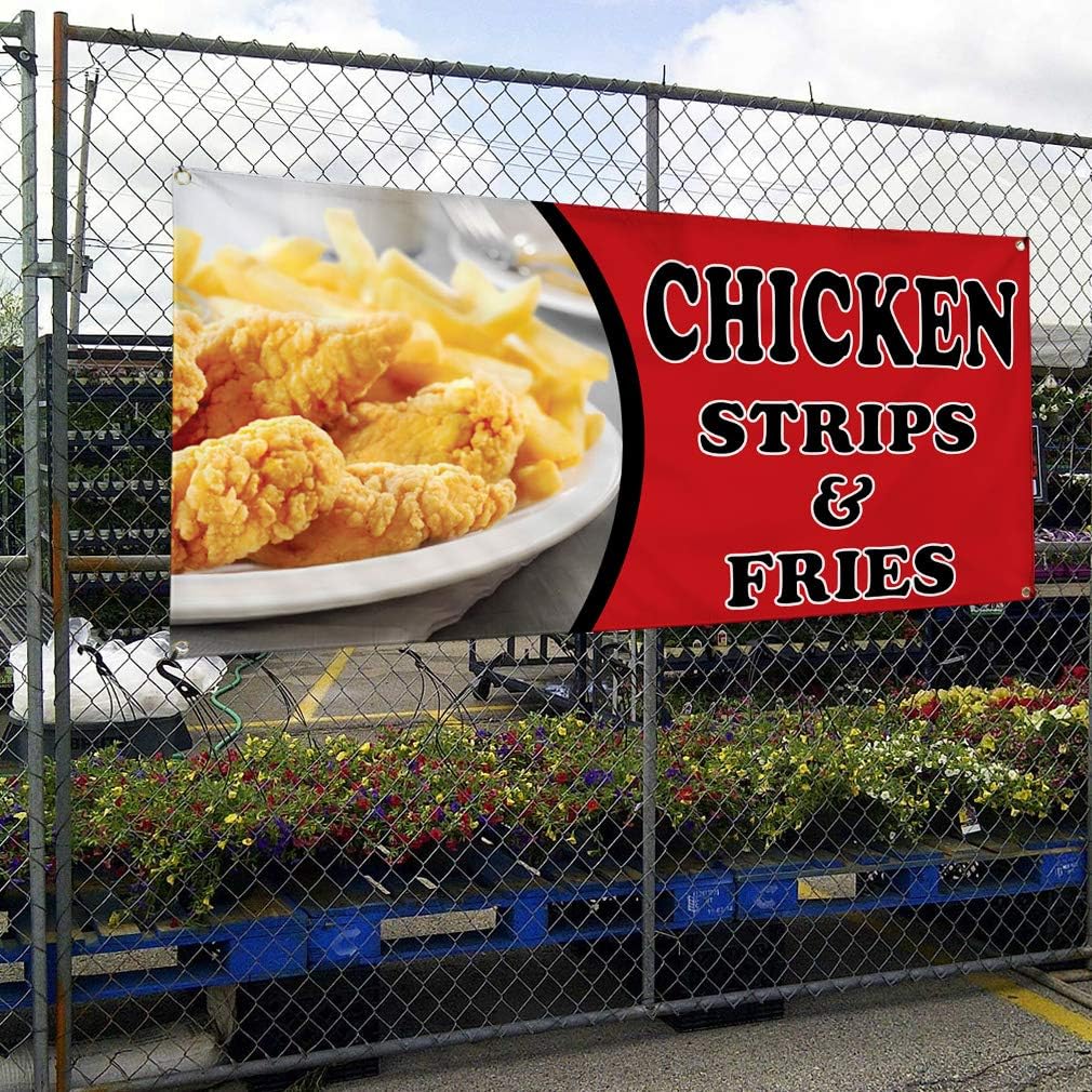 Vinyl Banner Multiple Sizes Chicken Strips & Fries Advertising Printing Restaurant & Food Outdoor Weatherproof Industrial Yard Signs Red 4 Grommets 16x40Inches