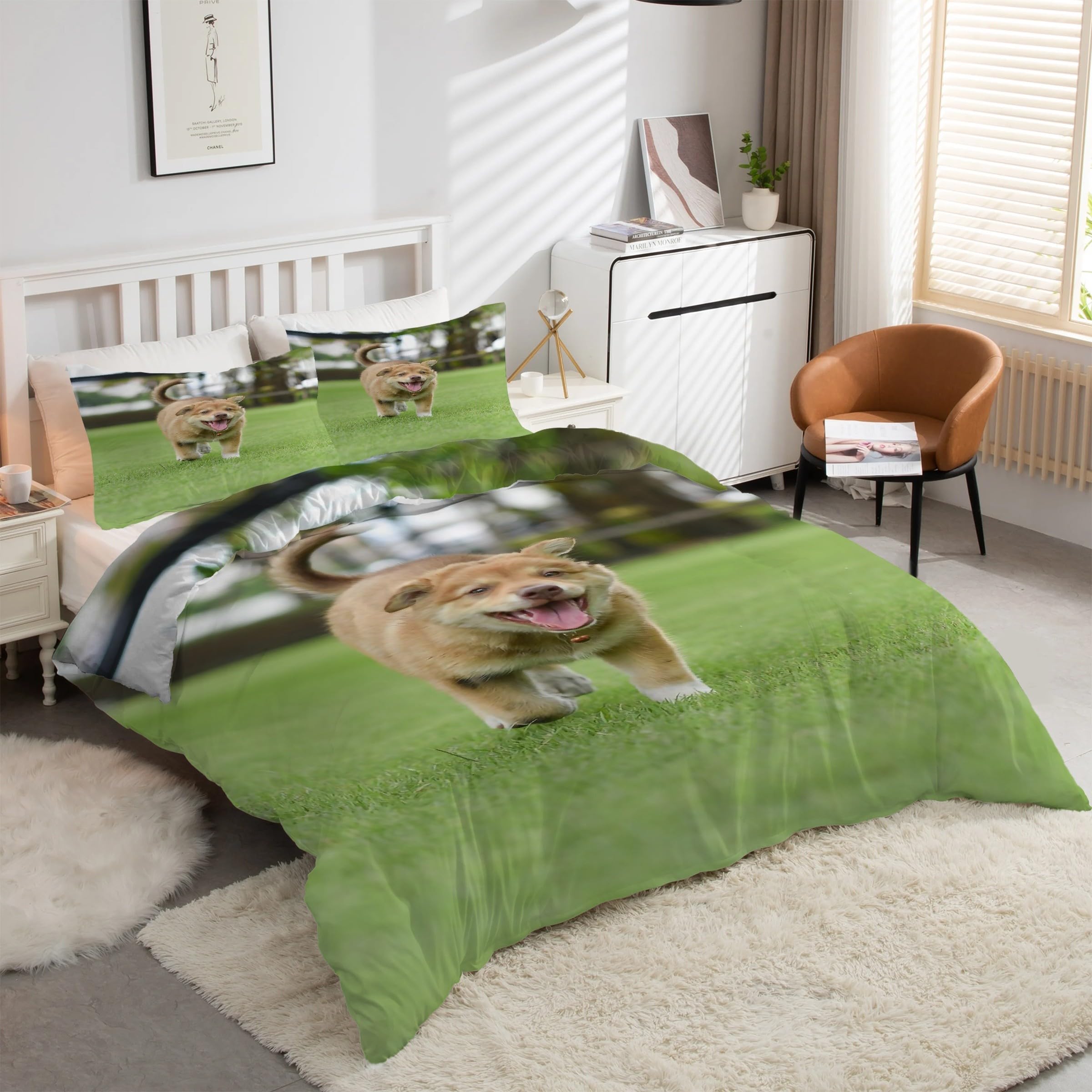 Housse de couette 160x200 animaux chien en microfibre avec 2 taies d'oreiller