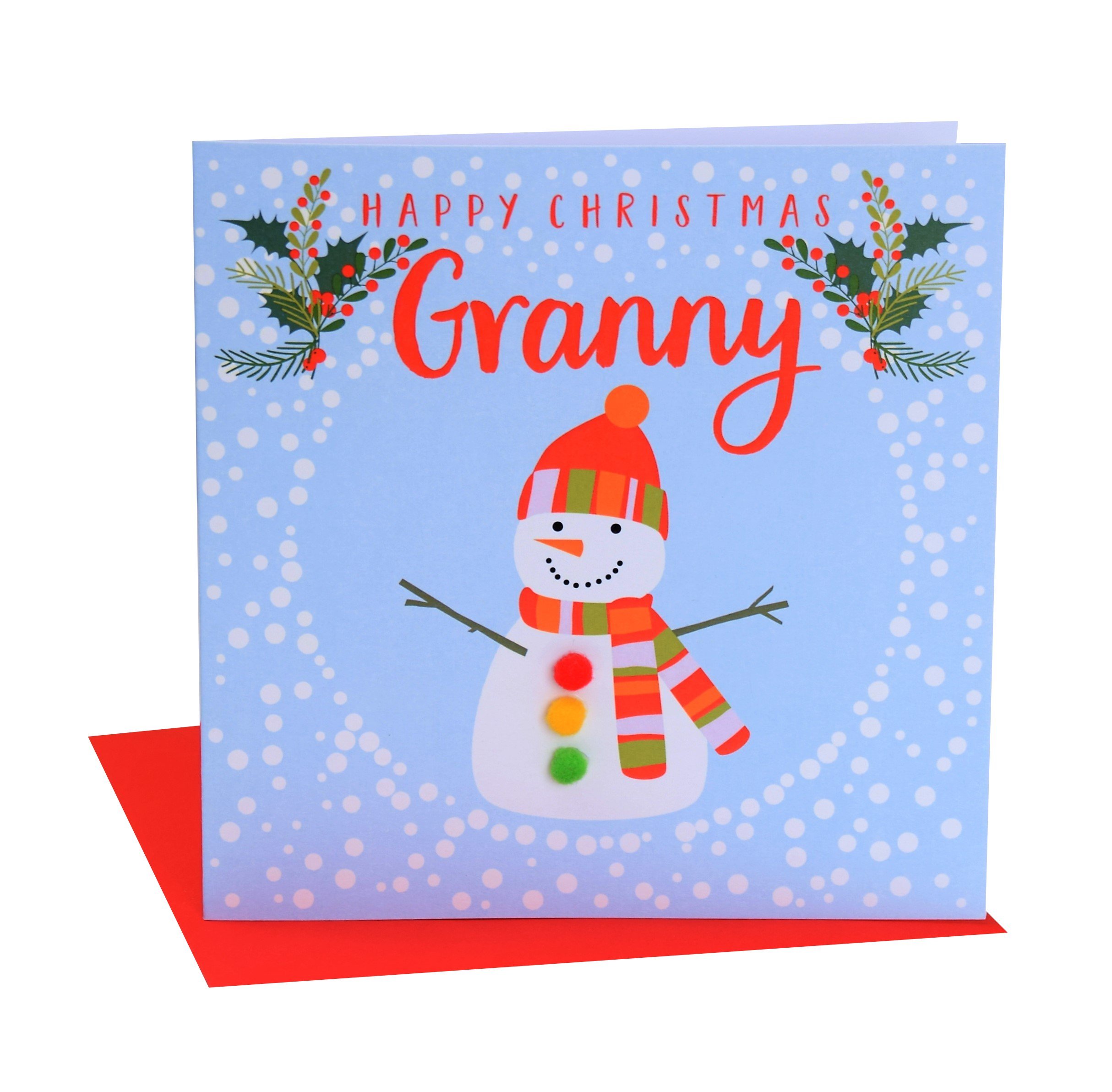 Claire Giles Greeting Cards, Happy Christmas Granny Card, Snowman design xmas Greeting Card, Embellished with Colourful Pompoms