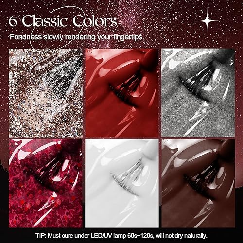 Miniatura 2 de ROSALIND Juego de esmaltes de uñas de gel blanco y rojo, 6 colores plateado rojo nude, esmalte de uñas de gel blanco chocolate con purpurina,