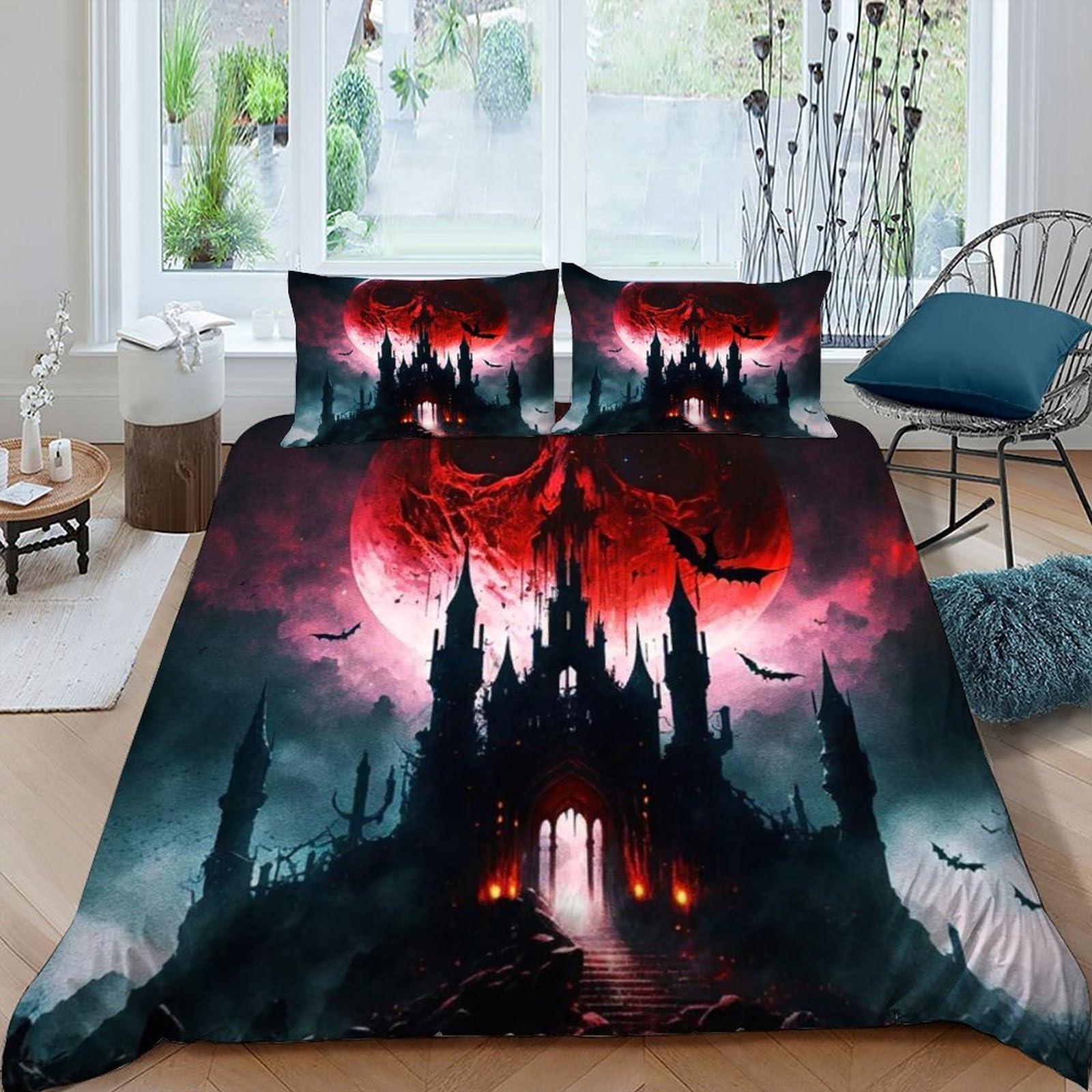 Housse de couette gothique crâne et lune 220x240 cm avec taies