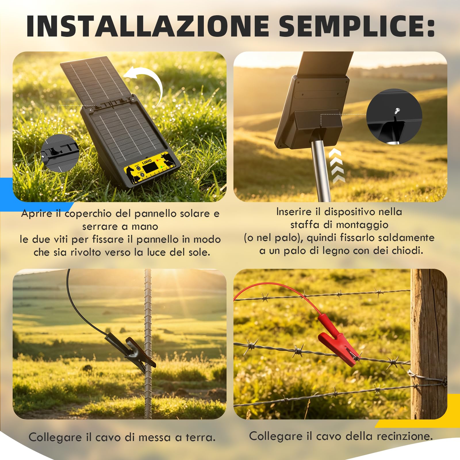 Elettrificatore per Recinti Solare 32 KM, 0.3-2J, 6KV-12KV Regolabile, Portata, Elettrificatore con Pannello Solare 10W, Batteria al Litio 18000mAh, Protezione Sicura per Giardini, Pollame(Nero)