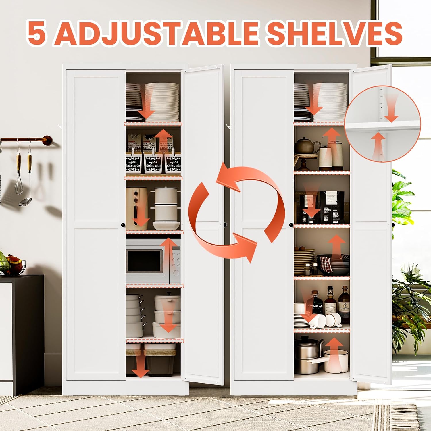 72" Kitchen Pantry Cabinet with 2 Doors and 5 Shelves,White Metal Garage Storage Cabinets,Freestanding Steel Tool Cabinet Utility Cabinets Cupboard for Kitchen,Living,Dining Room,Bathroom