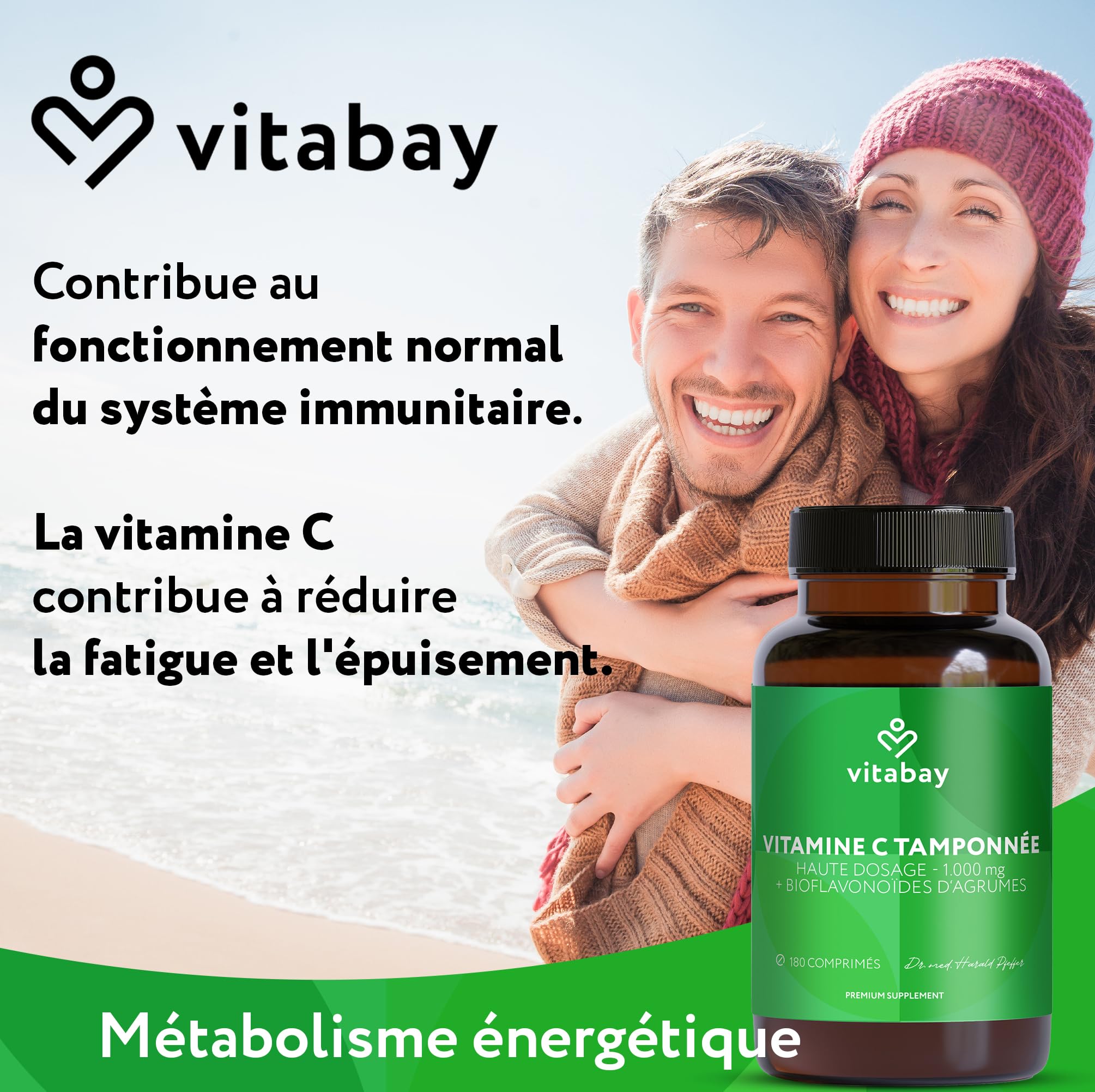 Vitabay Vitamine C 1000 mg - 180 Comprimés de Vitamine C Naturelle à Libération Prolongée - Végane sans Additifs et à Haute Dose - Vitamine C avec Bioflavonoïdes d'Agrumes - Vérifié en Laboratoire