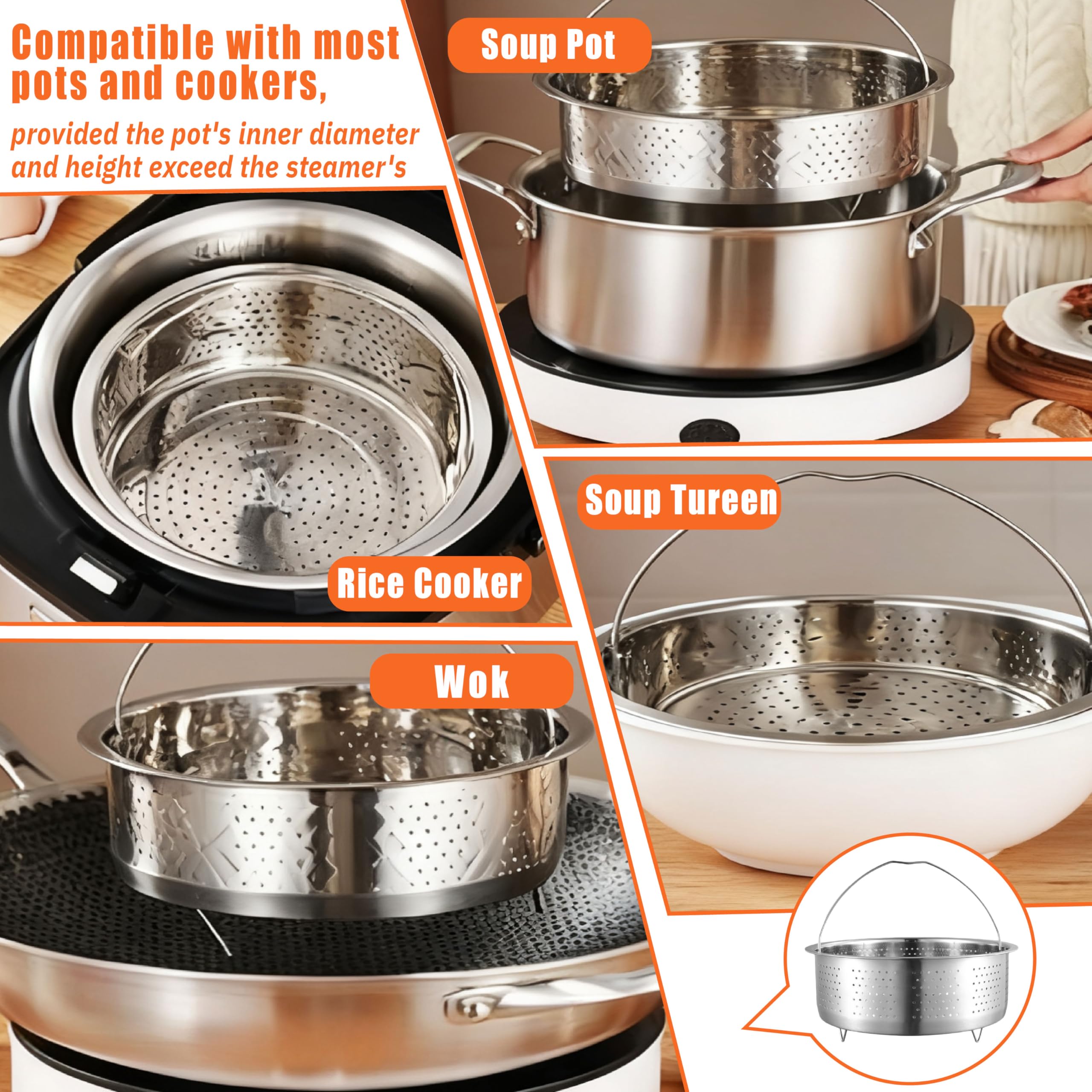 Vaporera de 20 cm de acero inoxidable 304, la versátil bandeja de vapor y bandeja de vapor para ollas. Ideal como cesta de vapor en olla a presión para guisar verduras, frutas y huevos
