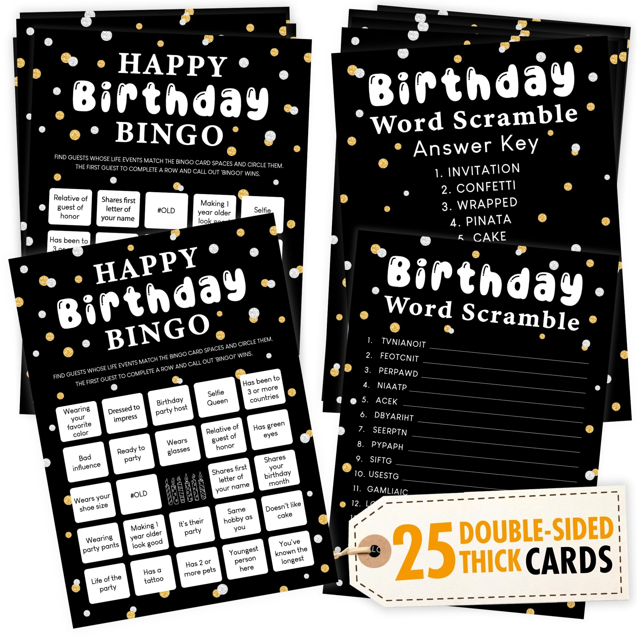 Happy Birthday Bingo - 25 Pcs Adults Party Games, Word Scramble, Fun Games