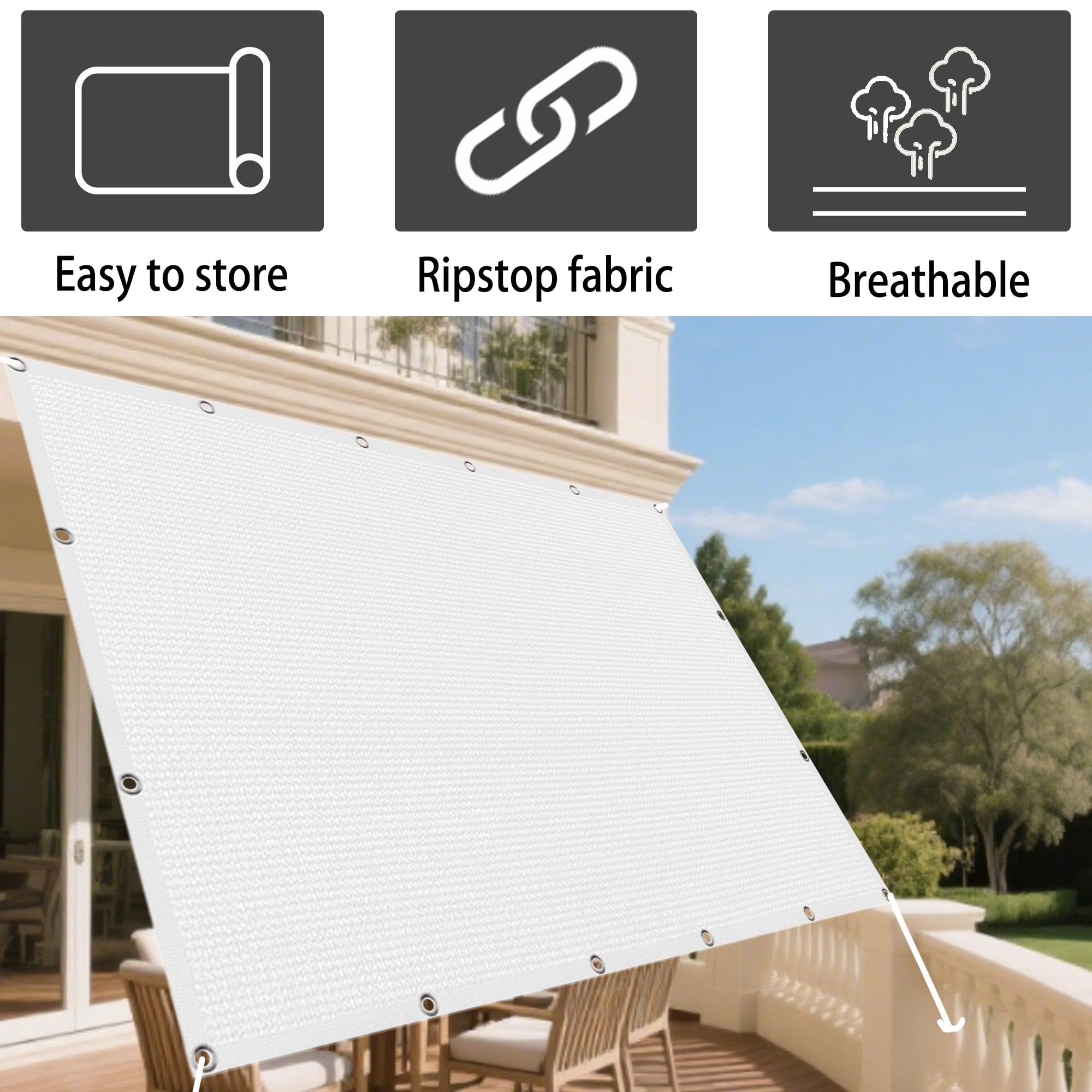Malla de Sombreo 1.5 x 5 m Protección UV Toldo Camping con Ojales y Cuerdas de Sujeción para Patio Exterior, Jardín, Terrazas, Pergola, Blanco
