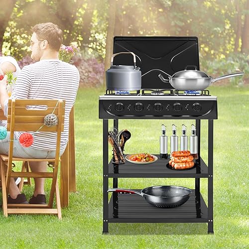 Estufa de gas portátil de 5 quemadores, con soporte para patas y cubierta de bloqueo de viento, adaptador de encendido manual, estufa de campamento,