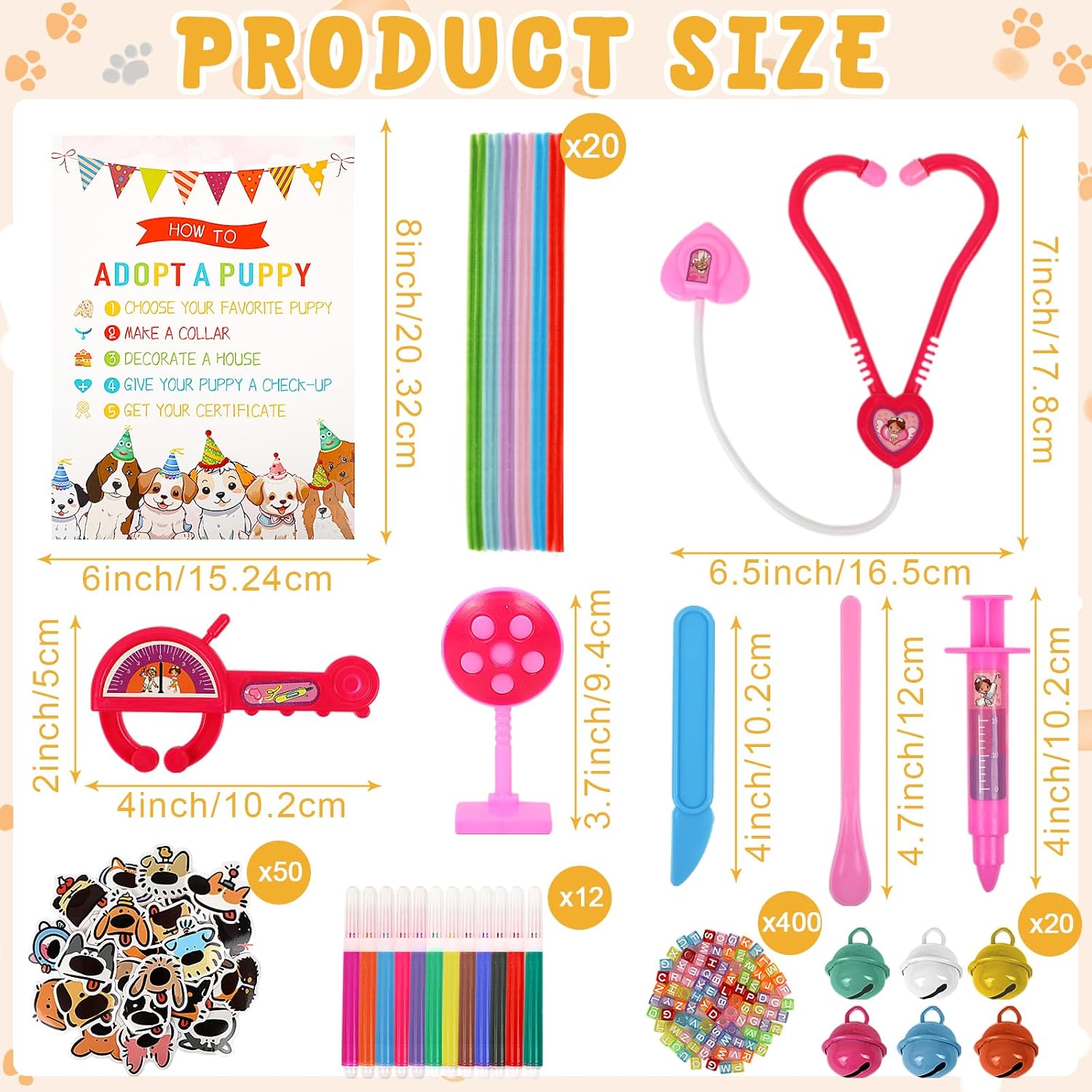 Adopt a Dog Party Favors Set - 12 PCS Plush Stuffed Puppies with Party hats include Paper House, fence, Adoption Cards, DIY Collars, House Decor and Check-up Accessories for Puppy Party Birthday