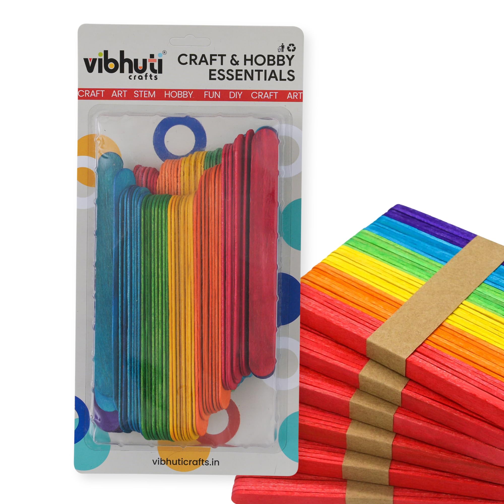 Vibhuti Crafts Natural Wood Colourful Ice Cream Sticks/Popsicle Sticks - Pack of 100 (2 Sets of 50 pcs each) | Smooth Finish Craft Sticks for DIY Arts & Craft, School Activities, Kids Crafting, Craft Work, Puppet Making & House Building