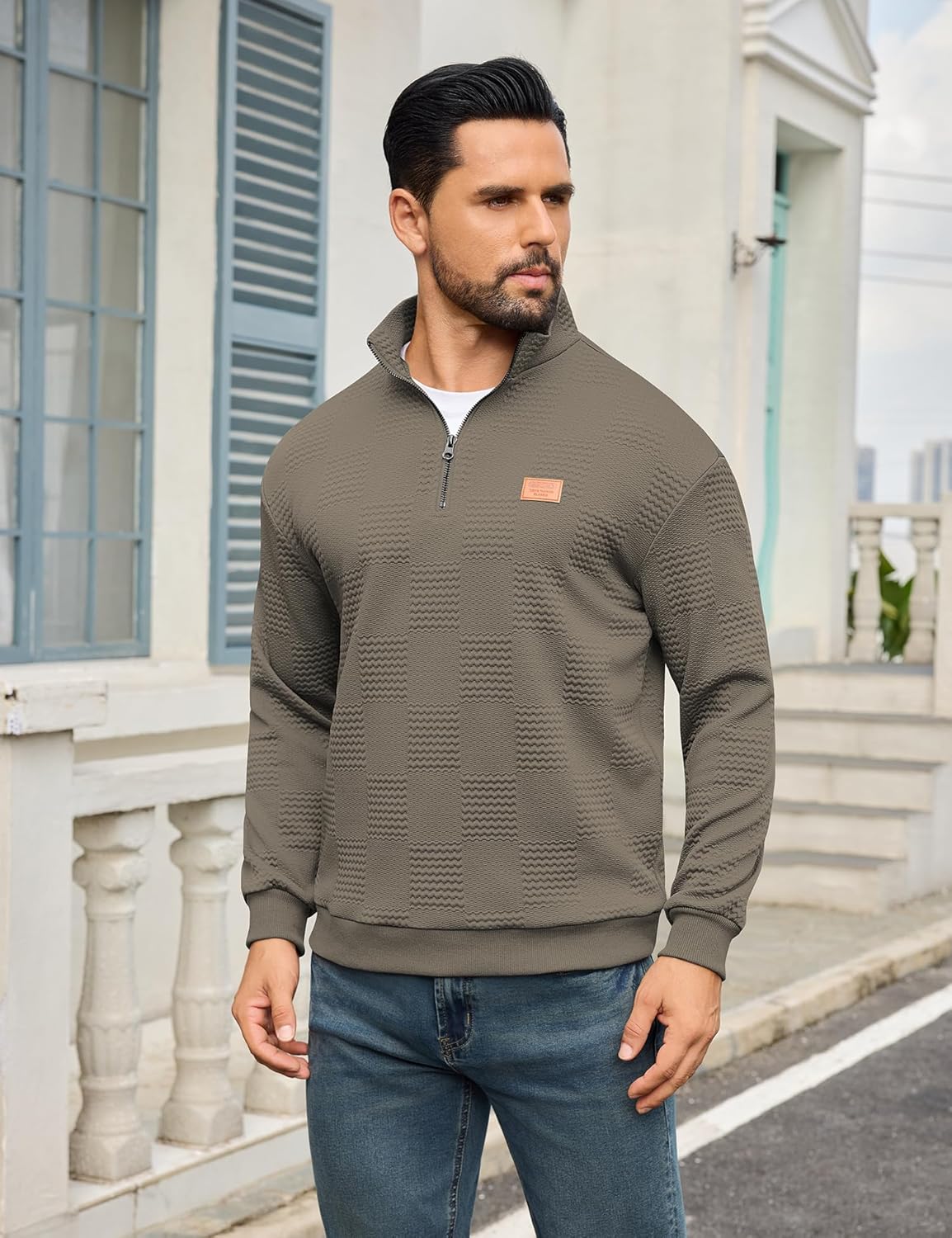 URRU Men's Quarter Zip Pullover Sweatshirt Mock Neck Long Sleeve Sweater Slim Fit Casual Polo Sweaters - Image 2