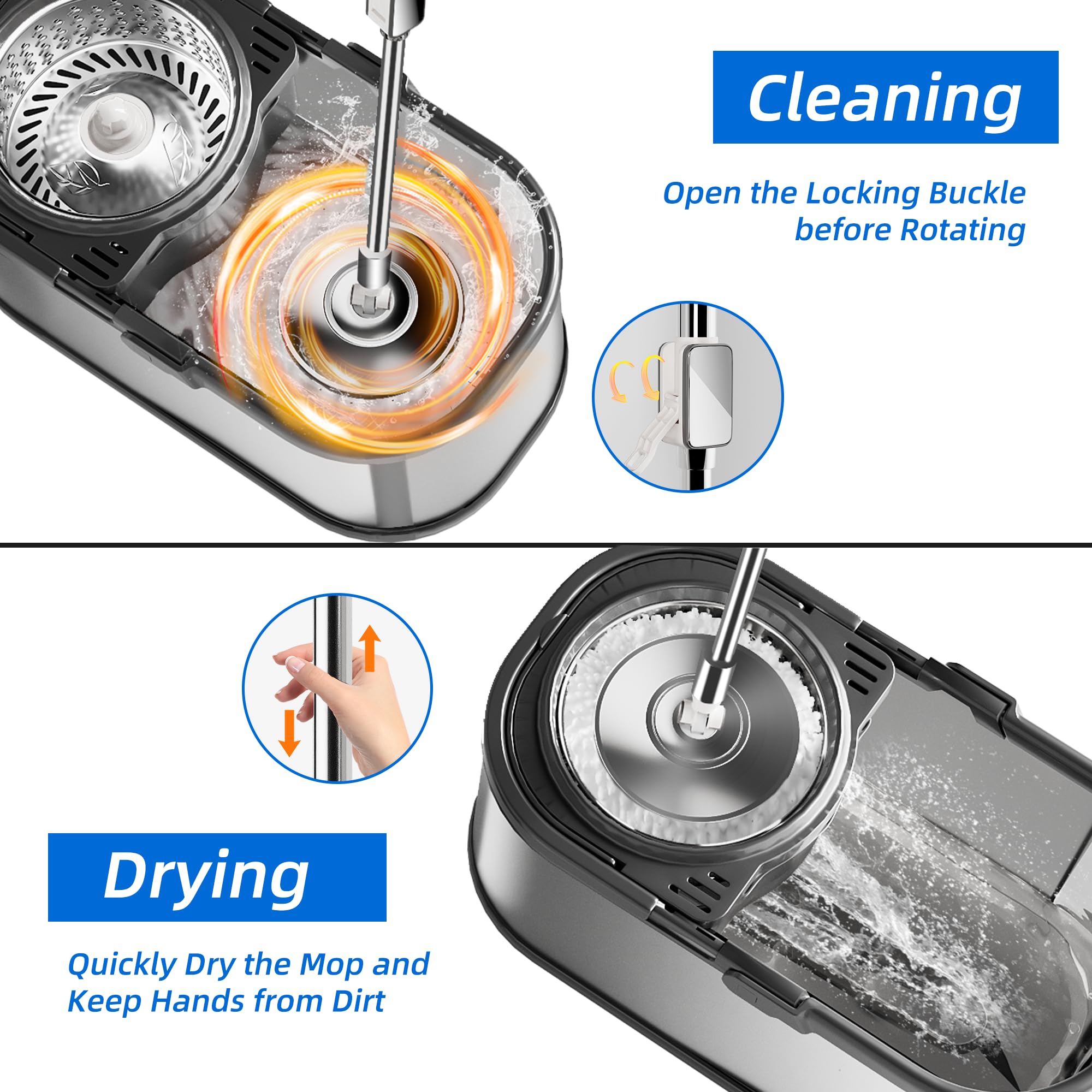 SWIFTIRON EasyWring Microfiber Spin Mop with Wringer Set, 360° Spining Mop and Bucket Set for Cleaning with Extra Refills, Trueclean Mop Bucket System (Silver)