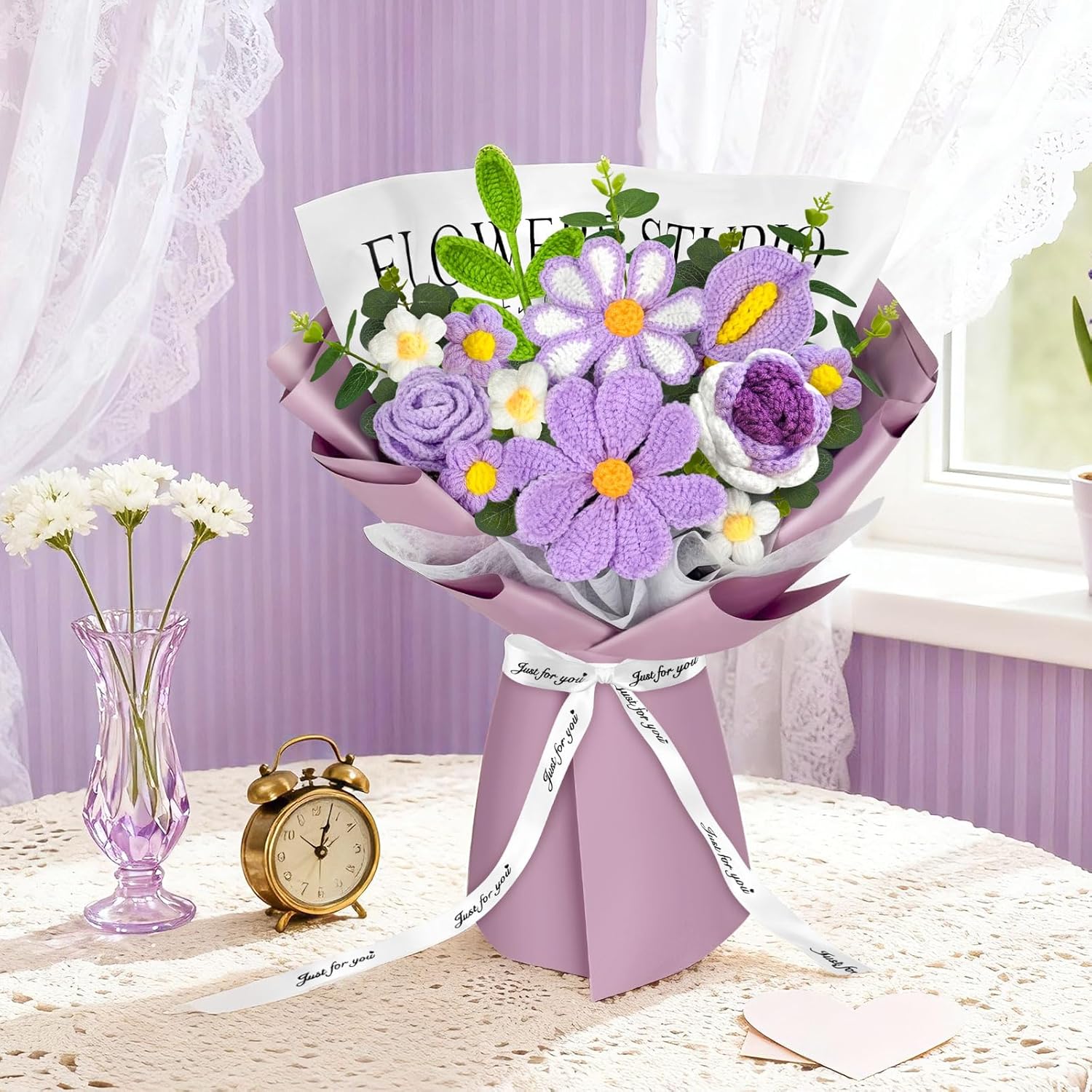ICX Crochet Flowers Bouquet with Lights,Handmade Knitted Roses Flowers,Gesang Flower,Crochet Heart, Crochet Gift for Wedding, Birthday, Anniversary, Mother’s Day for Her, Girlfriend, Wife(Purple)
