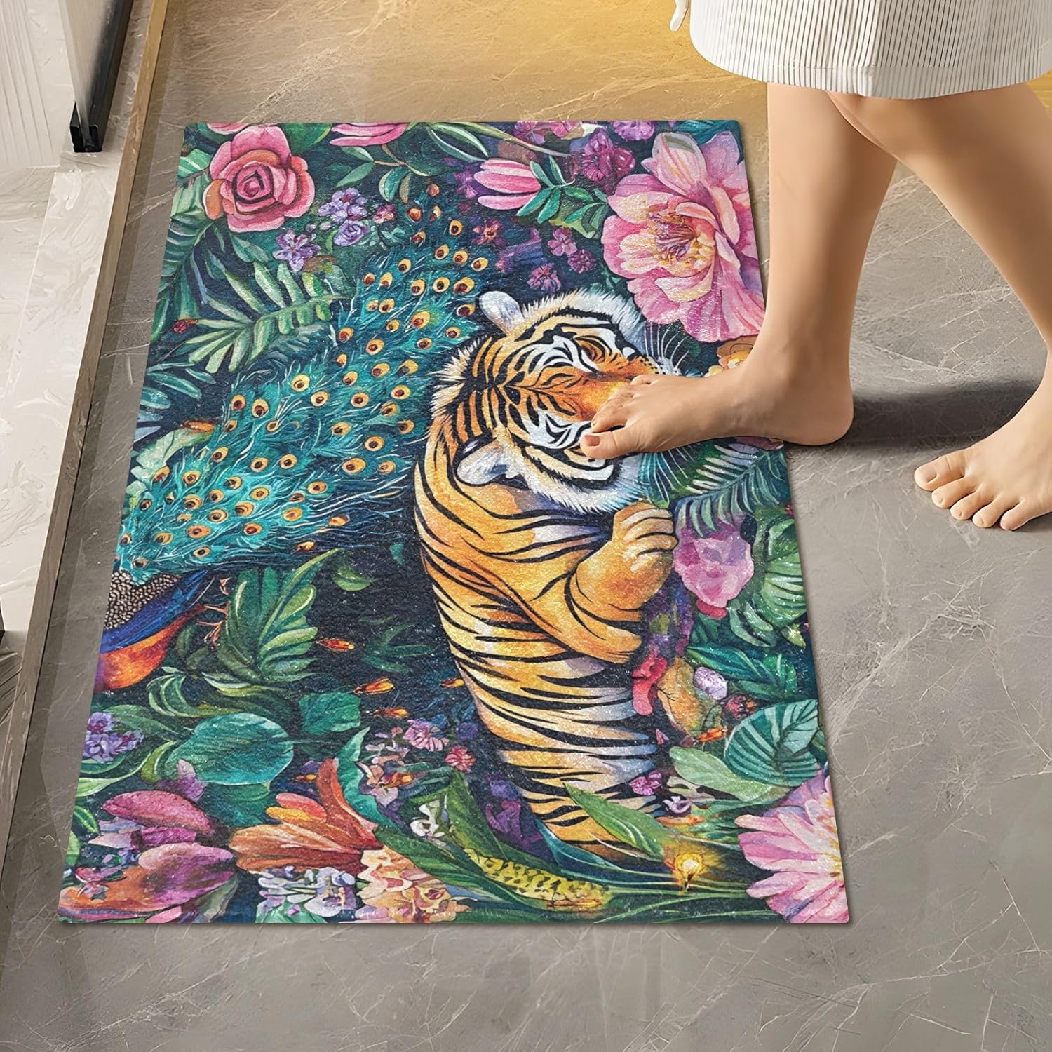 Tiger Peacock Flowers Bath Mats for Bathroom Floor Ultra Soft Bathmat Absorption Bathroom Rugs Non Slip Washable-Set
