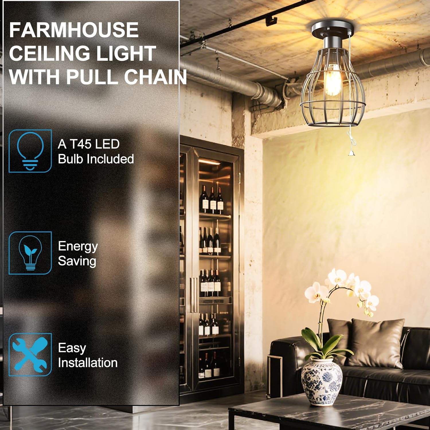 Lightdot 2Pack Flush Mount Ceiling Light with Pull Chain Farmhouse Industril LED Light Fixture for Closet Metal Cage Pull String Light Fixture for Laundry, Bedroom, Hallway