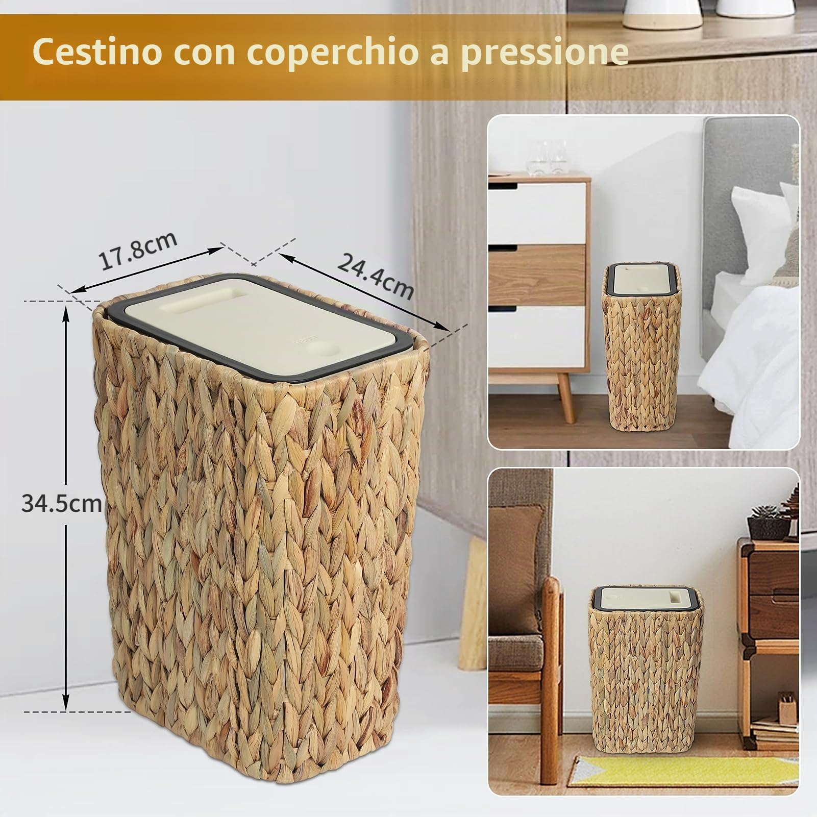 Cestino da Cucina Boho 12 Litri con Coperchio a Scomparsa, 2 in 1 in Rattan per Spazzatura, Piccolo per Bagno e Ufficio - Beige