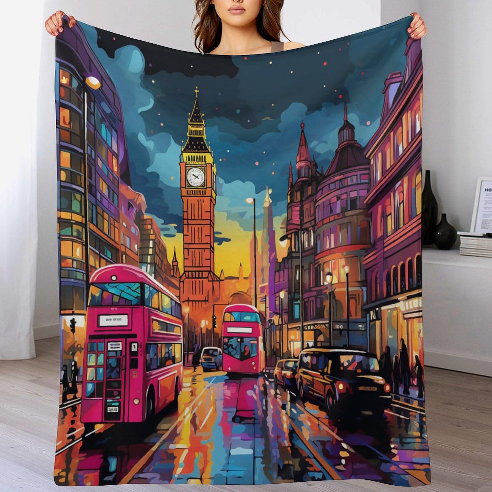 Couverture flannel motif paysage londonien pour lit 150x200 plaid chaud toutes saisons