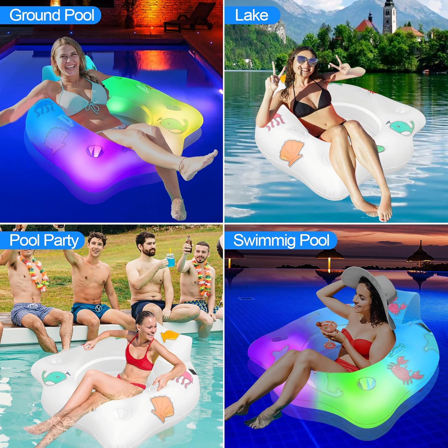 Inflatable Pool Floats Chair with Colorful Light,Solar Powered Pool Chair with Color Changing,with 2 Cup Holders & 2 Armrests,Suitable for Kids,Adult