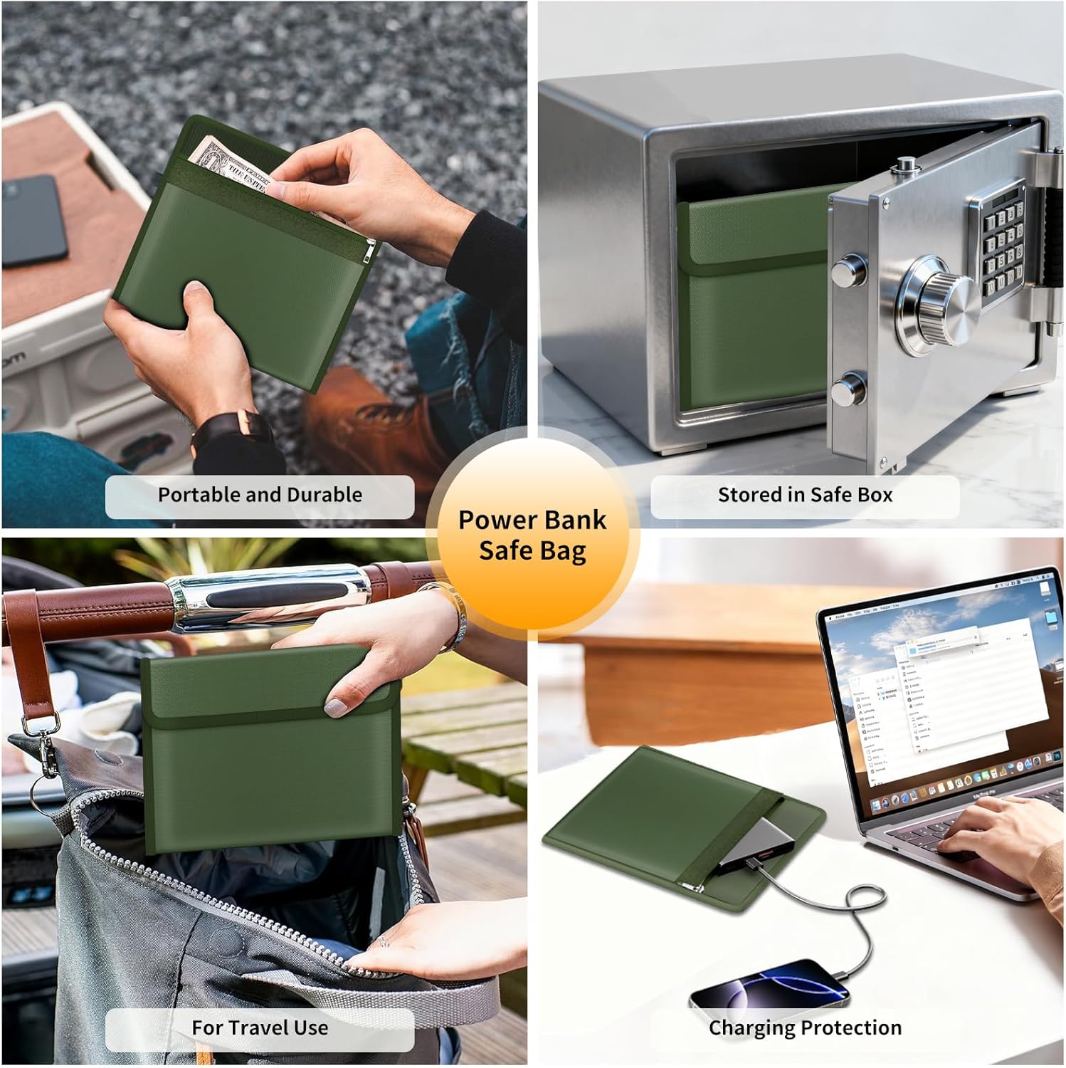 DocSafe Fireproof Document Bag (5200℉) with Fireproof Organizer Travel Case,Heat Insulated Fire＆Water Resistant 8 Layers Safe Money Bag Storage for Important Documents,Cash,Power Bank,Valuables,Green