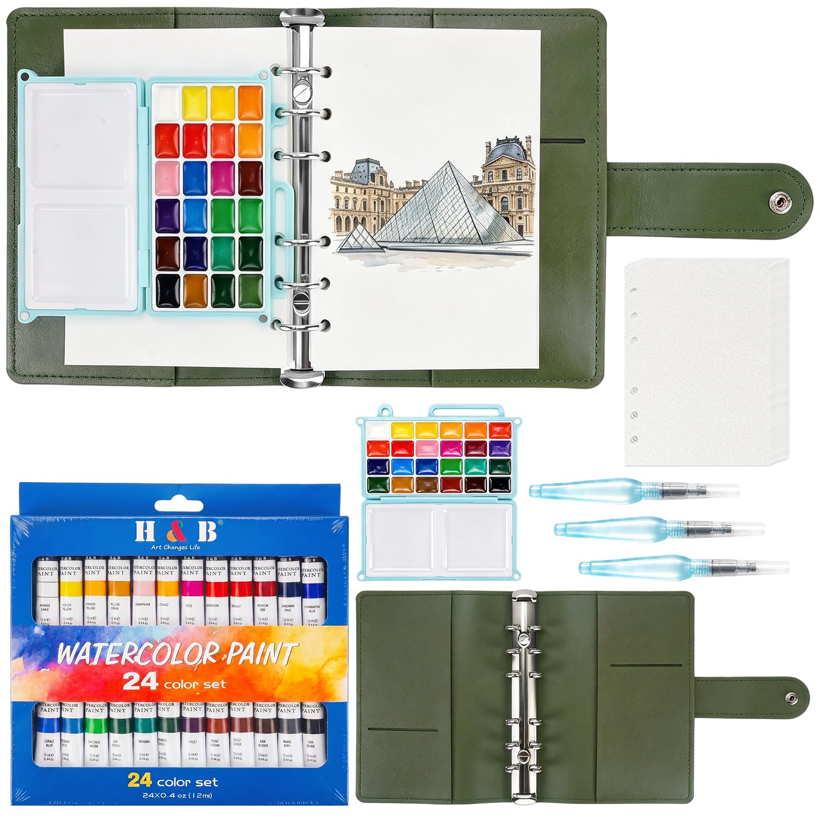 Mini Travel Watercolour Paint Set, PU Leather Watercolour Sketchbook Set — image 1