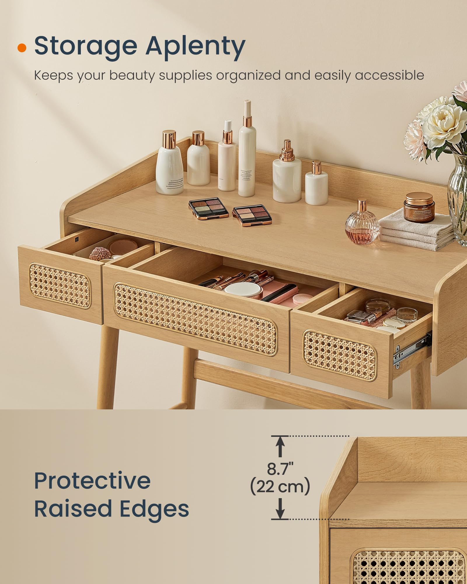 Coiffeuse Avec Miroir Lumineux SONGMICS - 3 Tiroirs - Tabouret Inclus - Style Bohème - Beige Chêne