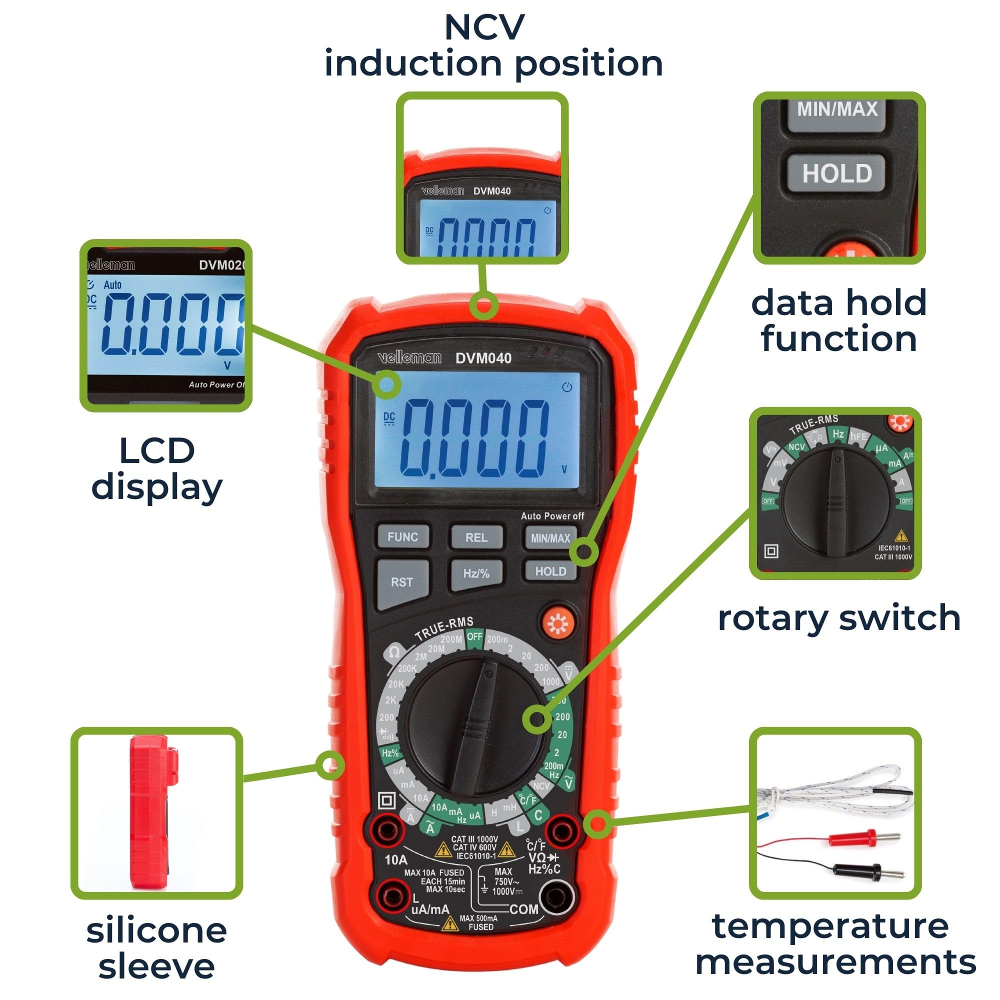 Velleman Multimetr cyfrowy, pamięć danych, bezdotykowa detekcja napięcia, z funkcją REL, odpowiedni do pomiaru prądu AC/DC, napięcia AC/DC, rezystancji, częstotliwości, temperatury, ciągłości, w
