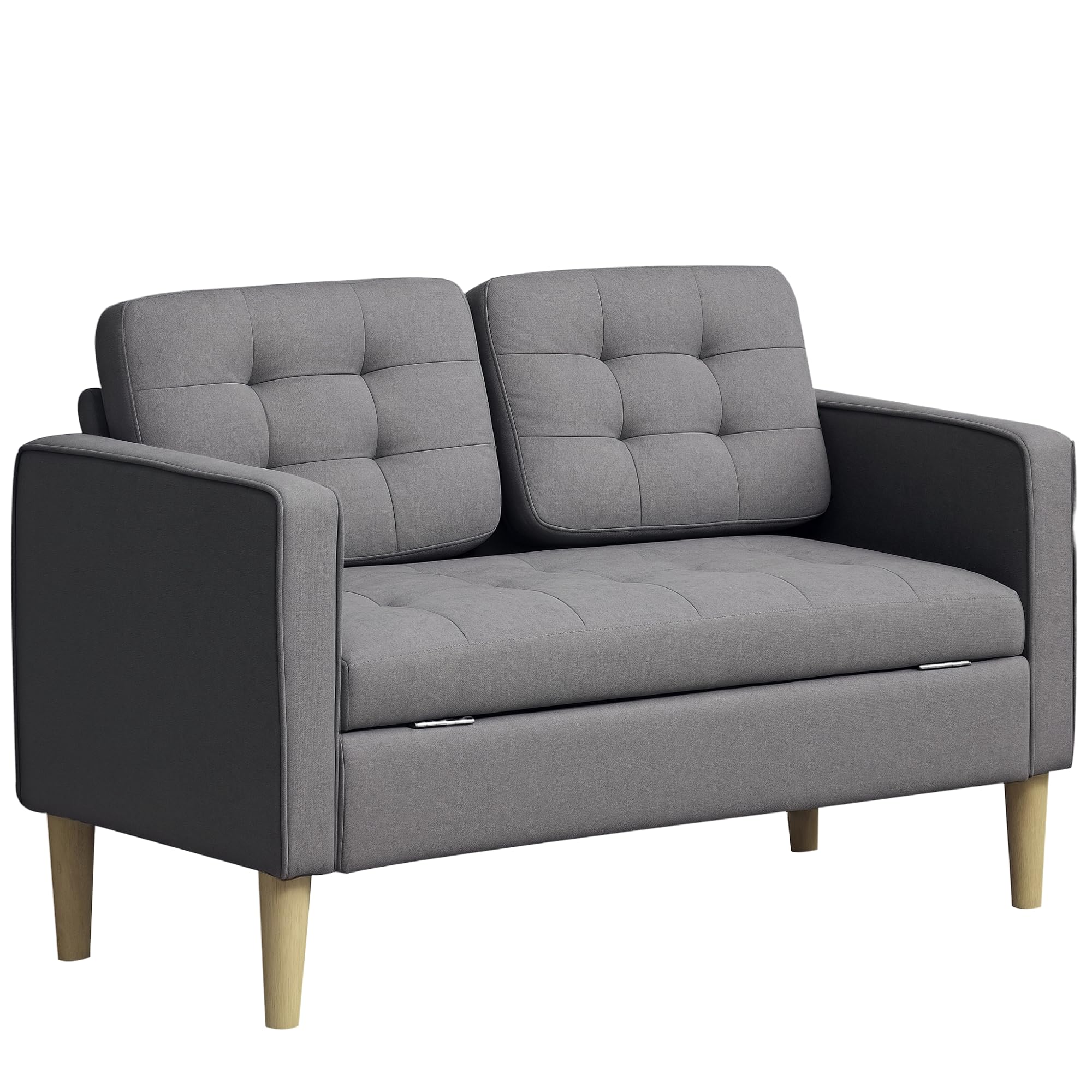 HOMCOM Modern 2 Seater Sofa with Hidden Storage, 117cm Tufted Cotton Couch with Wood Legs, Compact Loveseat for Living Room, Grey