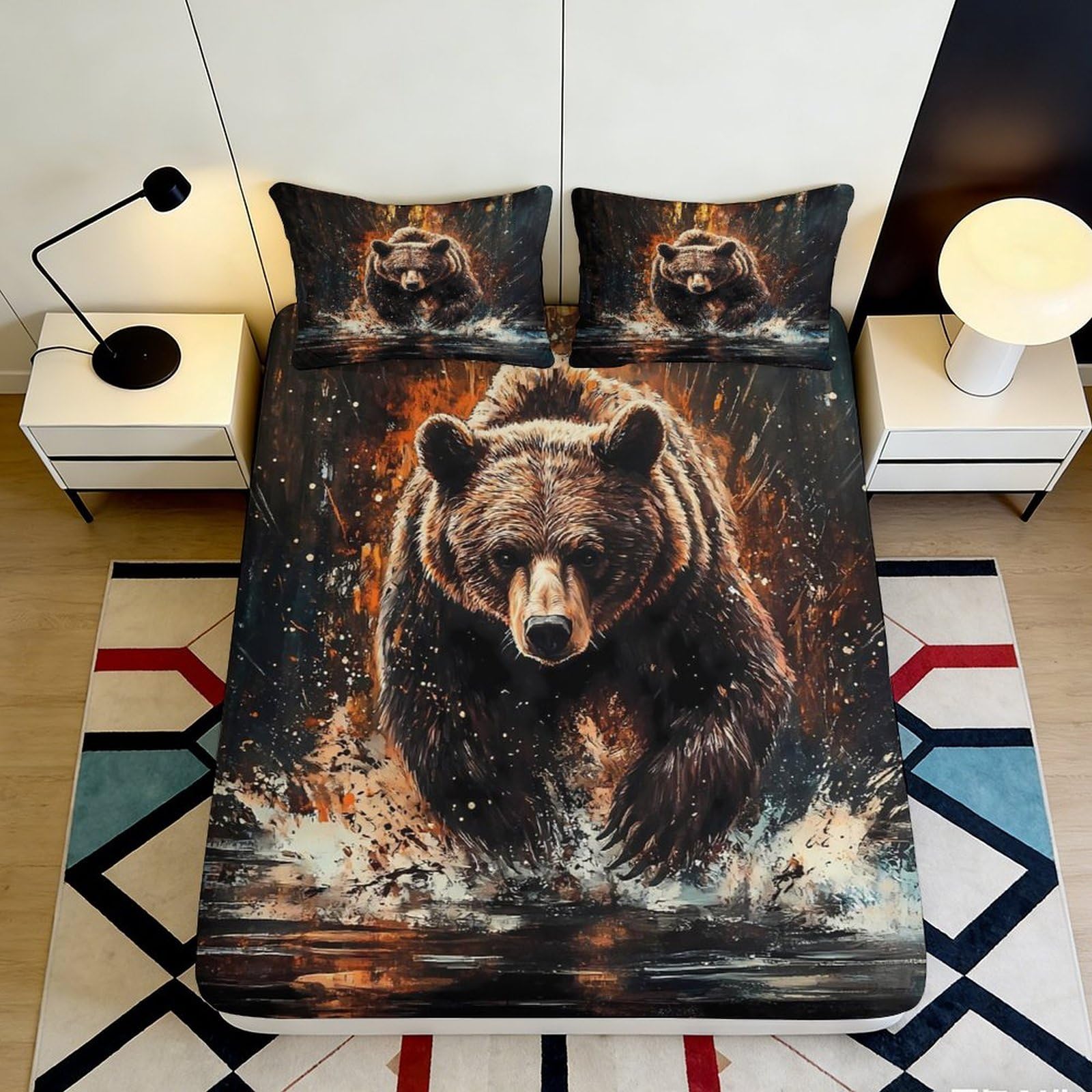 3D Printed Brown Bear Fitted Sheet Microfiber 3D Printed Forest Mattress Cover for Bedroom Dormitory Guest Room Mattress Protection Decor 200x200x25cm