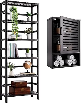 HITNET Bathroom Cabinet Wall Mounted, Over The Toilet Space Saver Cabinet with 6-Tier Bamboo Tall Open Bookshelf for Bathroom Living Room Kitchen, Adjustable Shelf, Black