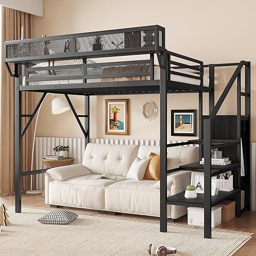 Vista 14 de KEIKI Estructura de Cama Loft de Metal Tamaño Completo con Escalera Convertible, Estantes de Almacenamiento Integrados y Armario, Cama Loft
