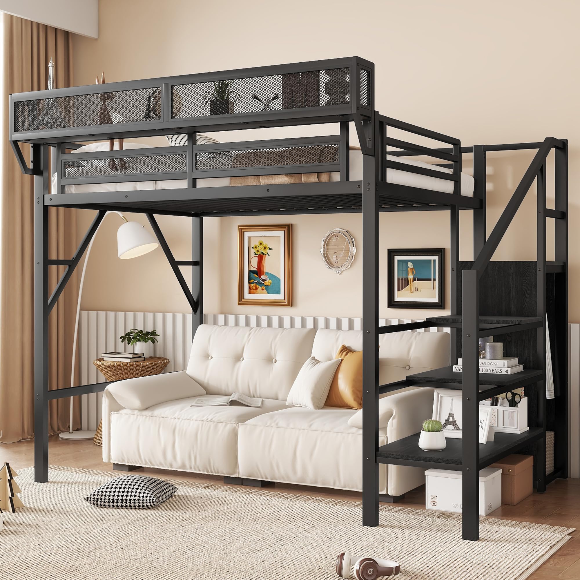 Twin Size Loft Bed with Stairs and Storage, Metal Loft Bed Frame with A Shelf and Large Under-Bed Space, Heavy-Duty Loft Beds for Kids Boys Girls Teens, Black