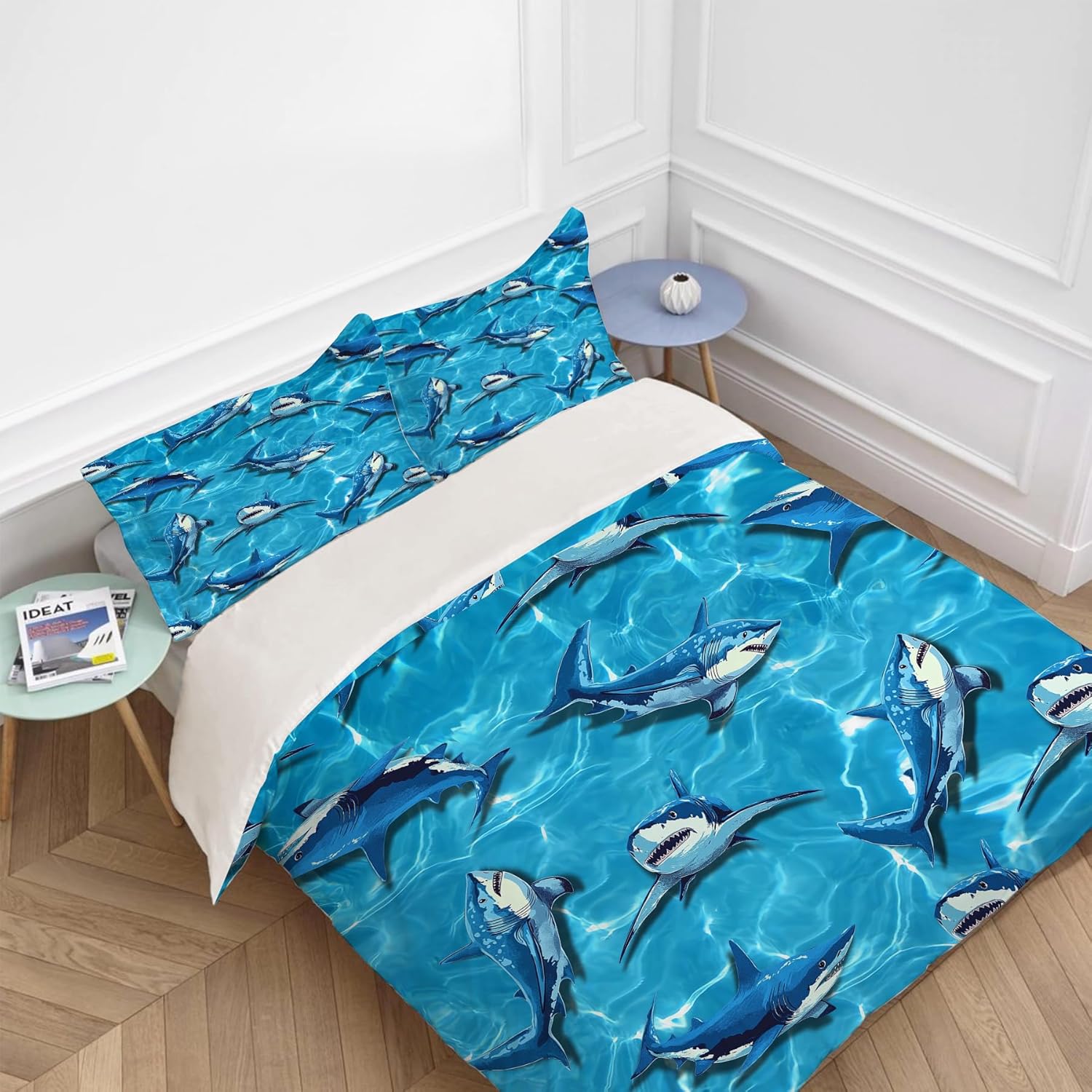 Shark Bedding Ocean Theme Comforter Set Nautical Duvet Cover Bedroom Decor Soft Twin Full Queen King Size Quilt Cover with 2 Pillowcases for Kids Teens Adults Women Men 90x90