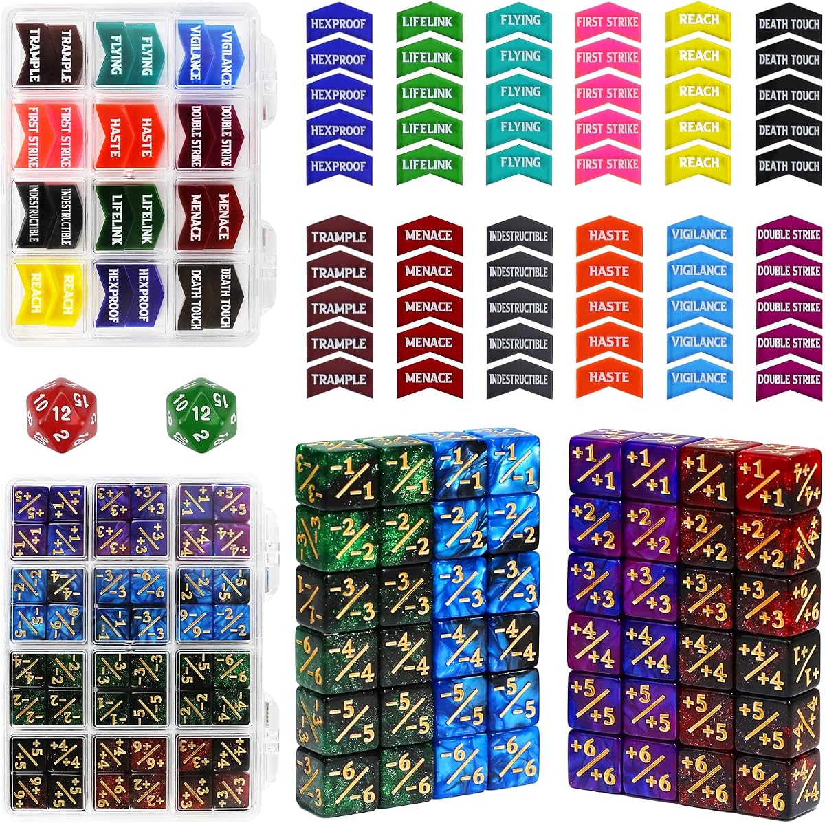 110PCS MTG Tokens & 12mm MTG Life Counter Dice Set for Magic Card with Box, MTG Bulk Ability Tokens D20 Loyalty 6 Sided Dice, Compatible with MTG TCG CCG Magic Card Gaming Accessories