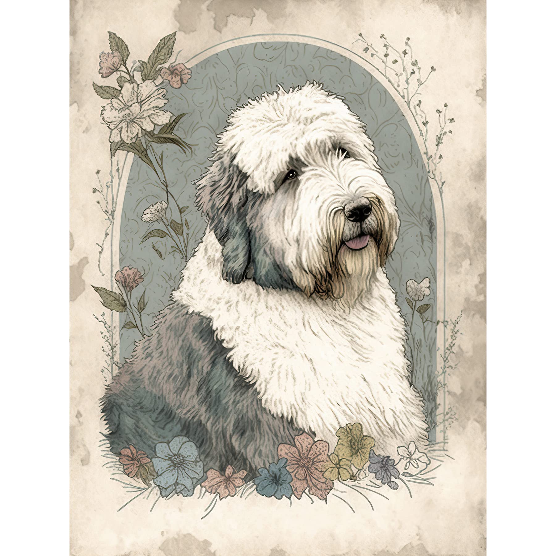 Artery8 English Sheepdog with Flower Blooms Boho Portrait Watercolour Illustration Large Wall Art Poster Print Thick Paper 18X24 Inch