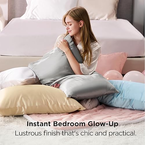 Vista 94 de Bedsure Juego de 2 fundas de almohada de satén tamaño King, fundas de almohada sedosas color verde azulado para cabello y piel con cierre de sobre