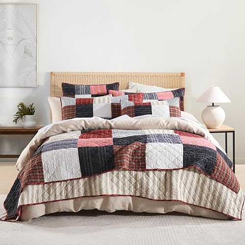 Yvooxny Juego de edredón Queen reversible a cuadros rojos, colcha acolchada de 3 piezas con fundas de almohada para todas las estaciones, tamaño