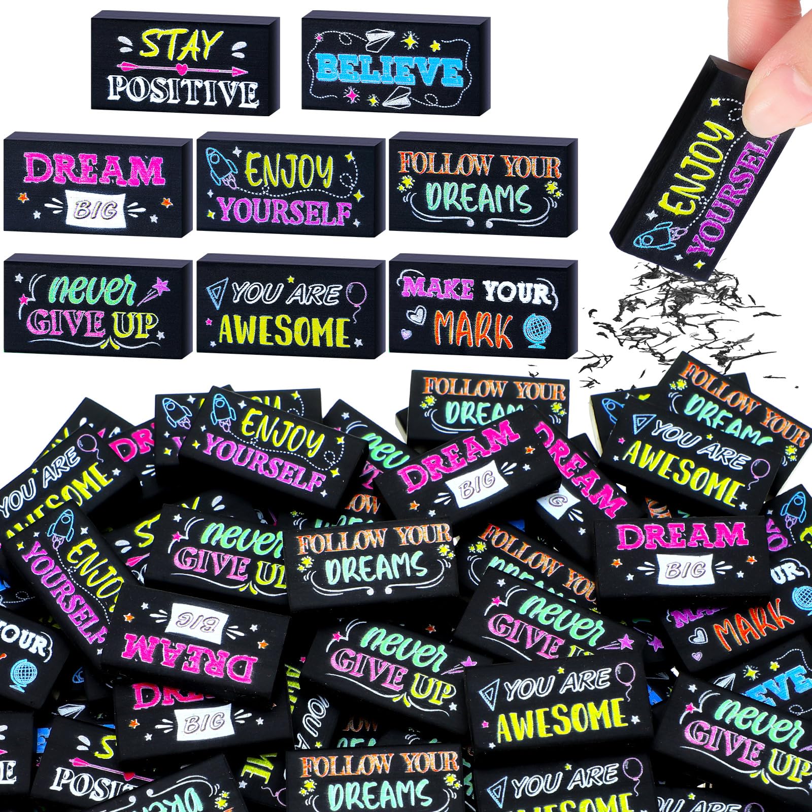 Dunzoom 100 Pcs Inspirational Pencil Erasers Bulk for Kids Fun Motivational Eraser School Supplies Back to School Office Supplies for Classroom Office