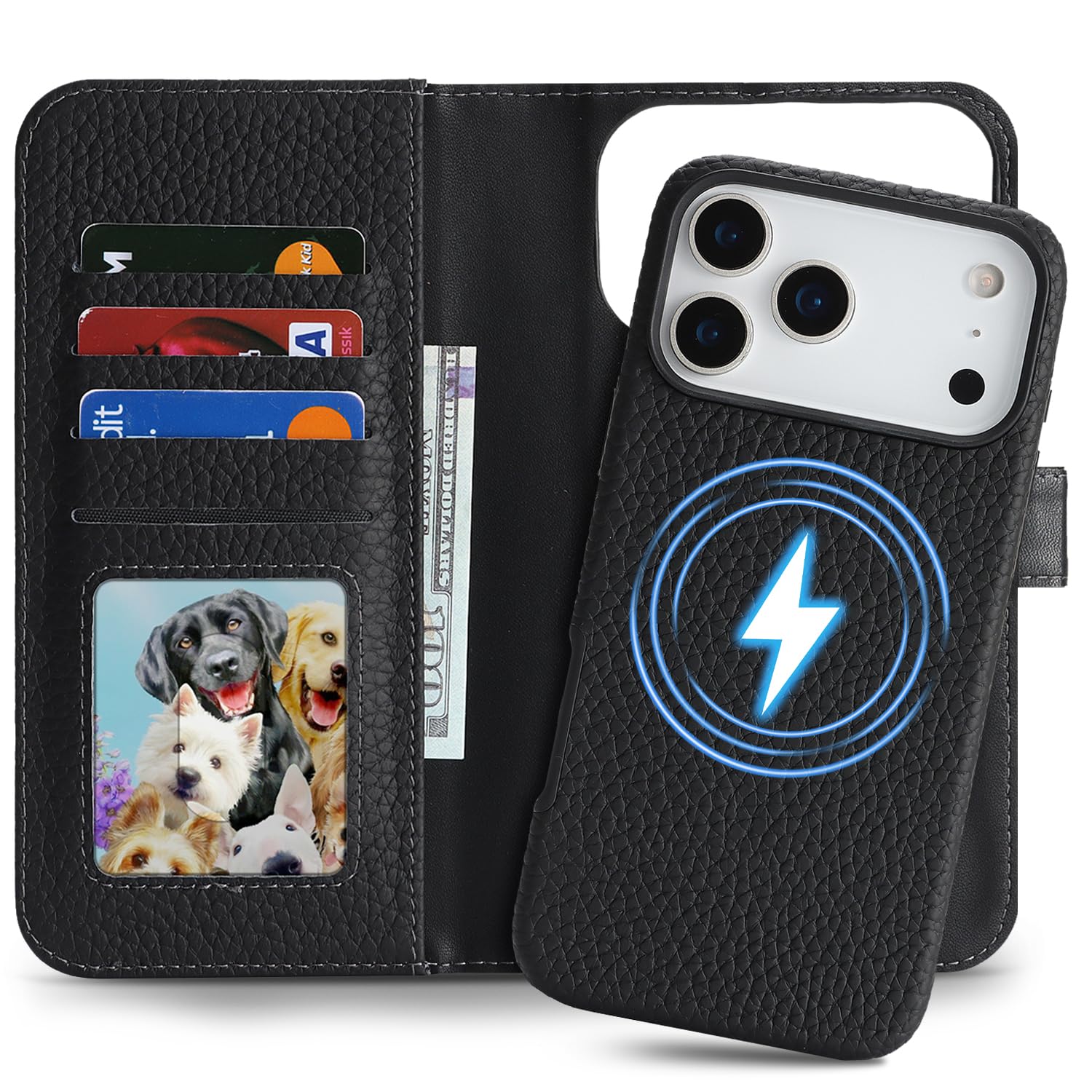 East Clear 分離式 本革ケース for iPhone 17 Pro Max 手帳型ケース for iPhone17 Pro Max 携帯カバー レザー MagSafe対応 2in1 取り外し自由 両用2way 小銭入れ札入れ カード収納 耐衝撃 耐摩擦 全面保護 マグネット式 スタンド機能 for アイフォン17プロ Max-ブラック