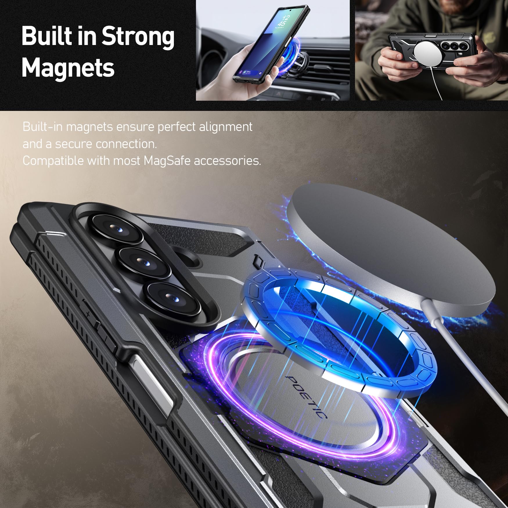 Poetic Spartan - Custodia per Samsung Galaxy Z Fold 7, protezione con cerniere, supporto regolabile con anello magnetico, pellicola protettiva integrata, compatibile con MagSafe, robusta custodia per